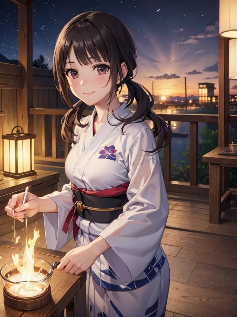 (16K,Ultra-high resolution,Highest quality,masterpiece,Super detailed,Attention to detail,Very vivid CG),okitasawa, low twintails,Highly detailed facial features, Beautiful and perfect face, Perfect Eyes,Anatomically correct body,A hot spring town at night,Dating with viewers,Smiling at the audience,yukata,Warm lighting,looking at the camera