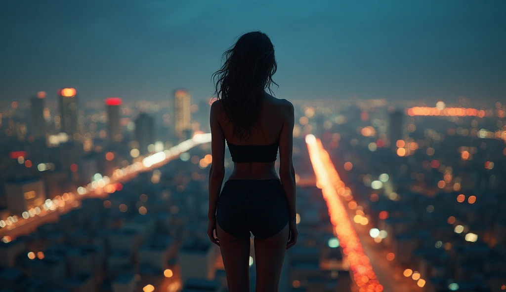 ((Midnight, Highest quality, 8k, masterpiece :1.3)), whole body, Long legs, Sharp focus :1.2, Beautiful woman with perfect figure :1.4, Slim Abs :1.1, ((Dark brown hair,Huge breasts :1.2)), (White tight T-shirt, Jean Bib, Are standing:1.2), ((Night city view, rooftop:1.3)), Highly detailed face and skin texture,Japanese women,Nipples,Real