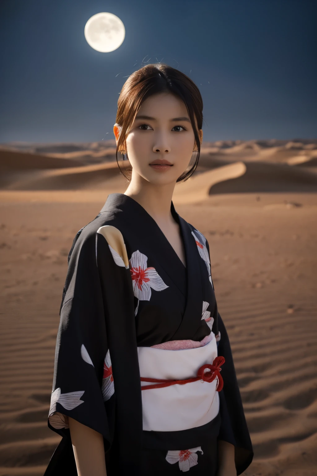 1 girl, (She is wearing a cute red yukata:1.2), Very beautiful Japanese idol portraits, 
(RAW Photos, Highest quality), (Realistic, Realistic:1.4), (masterpiece), 
Very delicate and beautiful, Very detailed, 2k wallpaper, wonderful, finely, Very detailed CG Unity 8K wallpaper, Very detailed, High resolution, Soft Light, 
Beautiful detailed girl, Very detailed目と顔, Beautiful and sophisticated nose, Beautiful and beautiful eyes, Cinema Lighting, 
(Standing in the Sahara Desert on a moonlit night:1.3), (Big Moon), (Sand Dunes), (月明かりに浮かぶ少女のwhole bodyのシルエット), (Dark screen:1.5), 
(Medium Hair), (Tie your hair back), (whole body), 
Complete Anatomy, Slender body, Small breasts