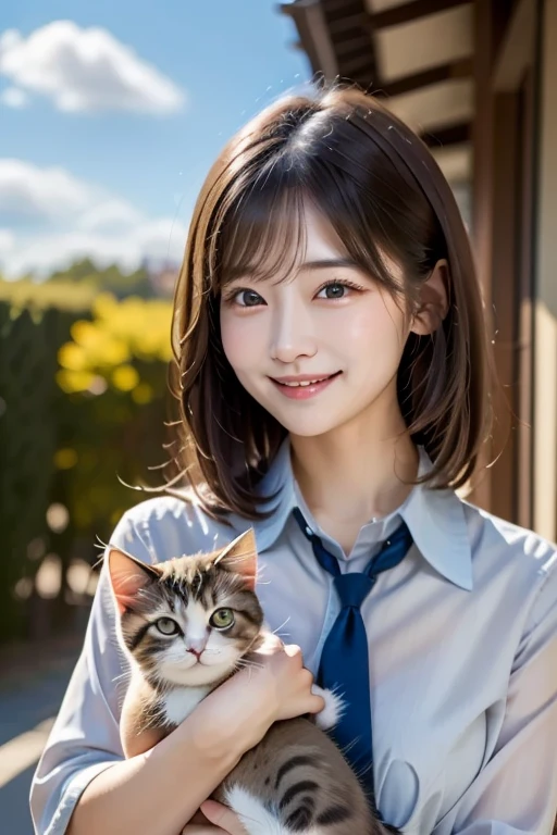 ((Highest quality)), ((masterpiece)), (detailed), ((Highest quality))、Perfect Face, Japanese、2、woman、smile、Light brown hair、Perfect Anatomy、Anatomically correct body、White collared shirt、((blue sky))、Fat kittenを抱っこしている、((Looking at the kitten he is holding))、Cute kitten,High definition cat、Fat kitten、