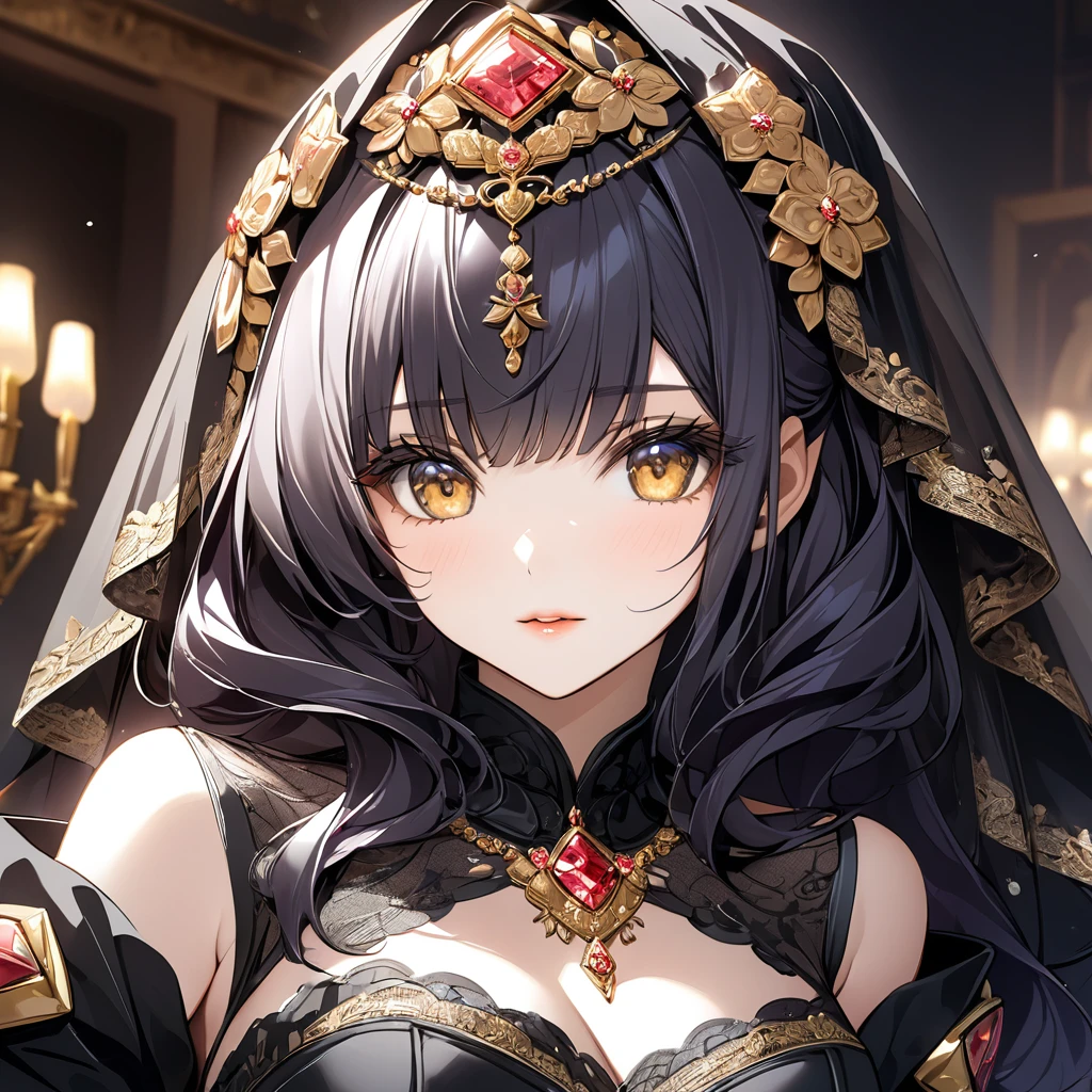 ((Highest quality)), ((masterpiece)), (detailed), （Perfect Face）、Woman is Extia Magica、The woman is wearing a black wedding dress with gorgeous gold embroidery and trim, and a black wedding veil.