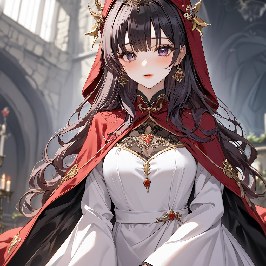 ((Highest quality)), ((masterpiece)), (detailed), （Perfect Face）、The woman is the princess of Moonbrooke and wears a white robe and a red hooded cloak.、She is a demon priestess、The woman is wearing a black wedding dress with gorgeous gold embroidery and trim, and a black wedding veil.