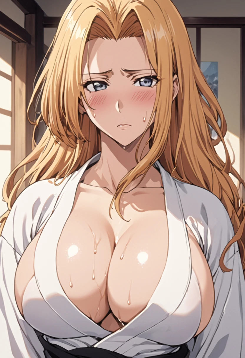 masterpiece, Highest quality, High resolution, (Matsumoto Rangiku),(BLEACH),1990s \(style\),F cup breasts、height: 170cm,Sweating all over the body、Muscular,(sexy),独奏,blush,Shyness,Innocence,Anime-style painting style, Blonde,long hair、Airy hairstyle,Japanese clothing,Composition focusing on the upper body