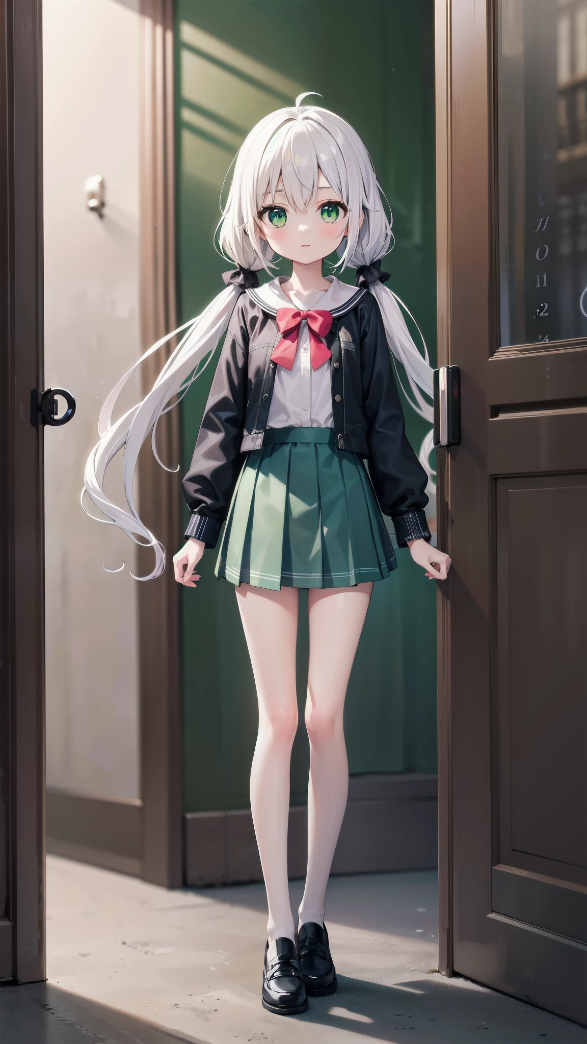 (((masterpiece))), best quality, illustration, (teenage girl), 1girl with white long hair, beautiful detailed green eyes, white long straight hair, ((low twintails)), ((cute)), (petite), slim, solo, solo focus, shirt, skirt, full body, 、Small head, small face