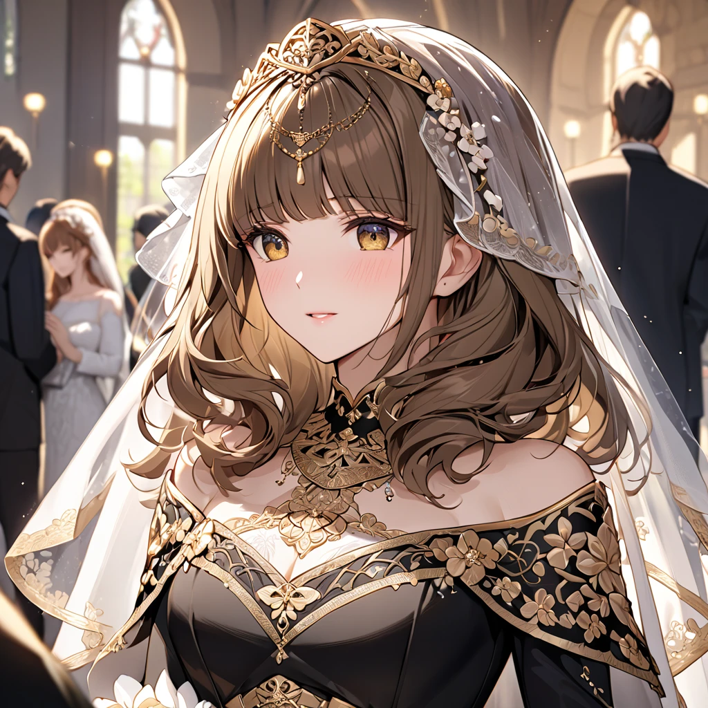 ((Highest quality)), ((masterpiece)), (detailed), （Perfect Face）、The woman is Celica、The woman is wearing a gorgeous wedding dress and a wedding veil.、The woman is wearing a black wedding dress with gorgeous gold embroidery and trim, and a black wedding veil.