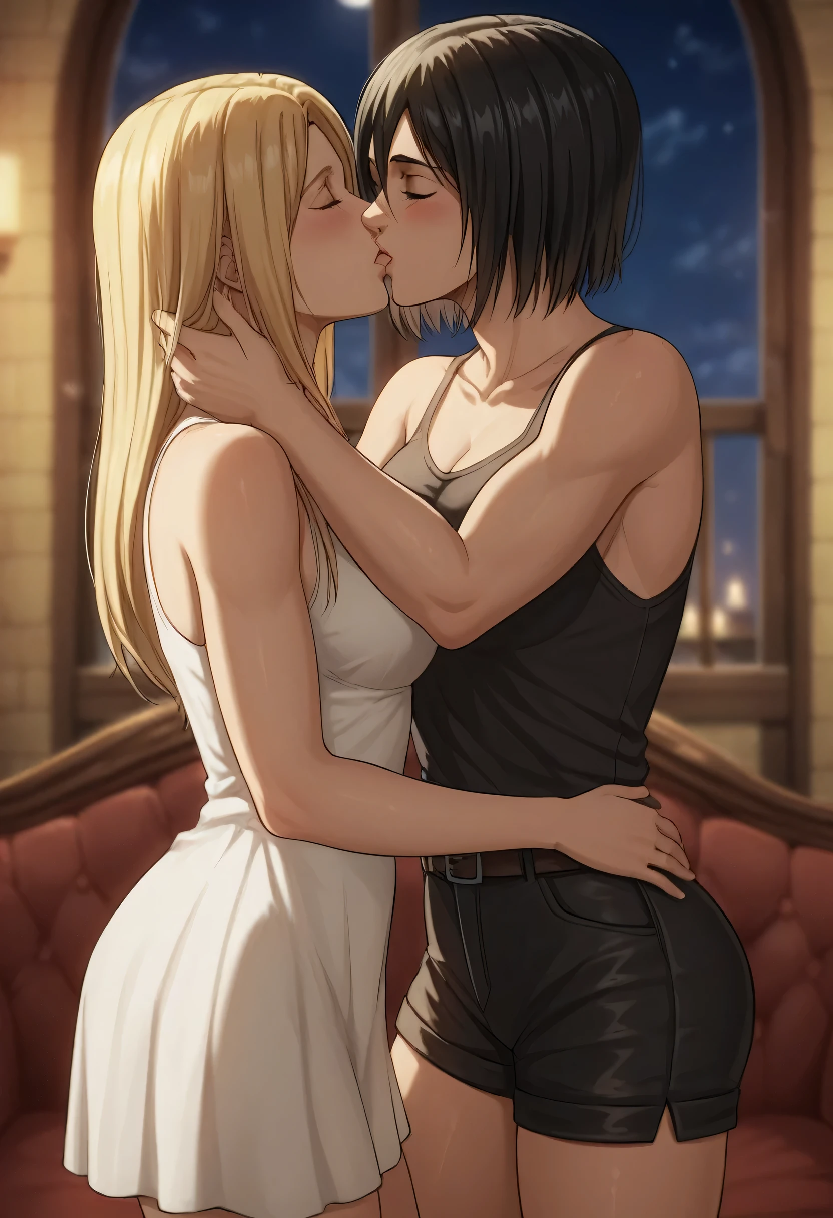 score_9, score_8_up, score_7_up, BREAK source_anime, historia reiss, blue eyes, blonde hair, long hair, medium breasts, long white dress sleeveless,female black hair soldier kissing ing historia,Mikasa with historia kissing historia neck,mikasa wreanig black tank top and black combat shorts,Mikasa female with short hair,mikasa female medium breasts,eyes closed,in night,moon in sky,mikasa final season,mikasa taller than historia,Mikasa kissing historia neck,lust theme