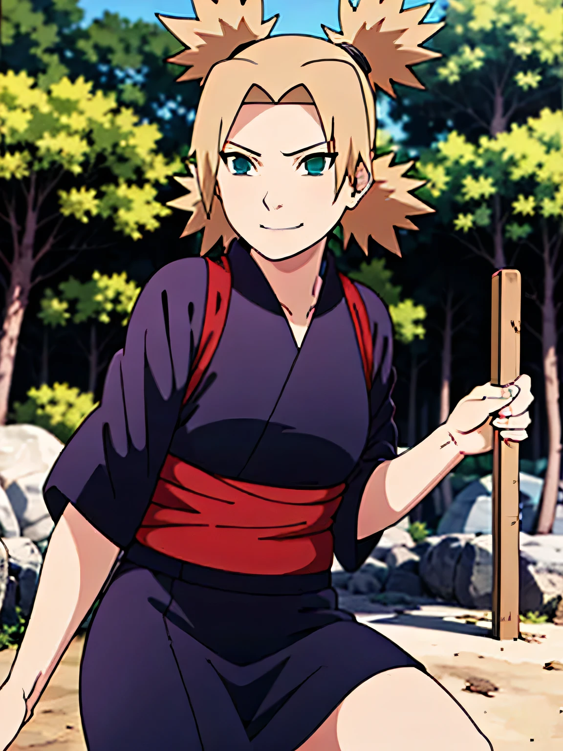 1 woman, ytemari, blonde hair, quad tails, blue eyes, fishnet,((black clothes,black yukata)), sash, line art, laugh, front view, stand,Adjust the skirt, cool colors, Masterpiece, best quality, high definition,Facing straight ,spread your legs,In the forest,smile,Look with arrogant eyes,moderate ,Beautiful ,Grab the shirt,walk,In the village