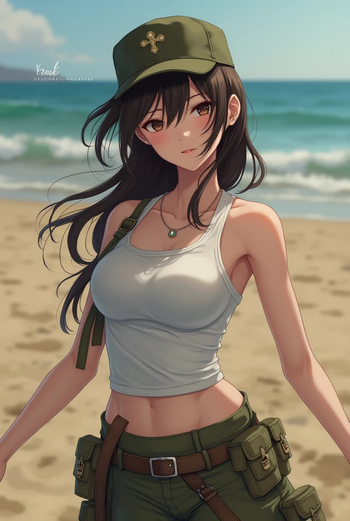 ((best quality)), ((masterpiece)), (detailed), perfect face, brown skin anime girl in a deep V Neck front-tie top, (bare shoulders), (jeans trousers), (jungle camo designed top), (no sleeves), famished in hunger, (gently resting hands on stomach), (long hair), (hands on her stomach)