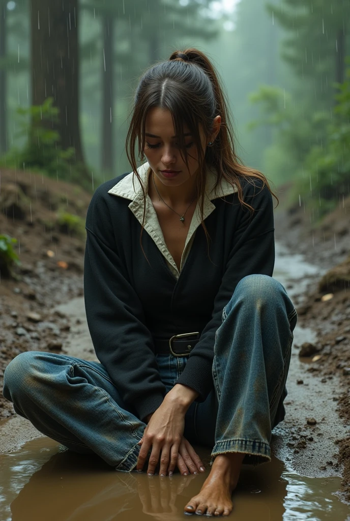 ((masterpiece,8k, ultra-detailed)), side view, close-up, muted colors, dusk, rainy, moody, beautiful woman drowning in forest mud bog, shame expression, stockings, messy pencil skirt, light turtleneck, beautiful long brunette hair, depraved outfit,