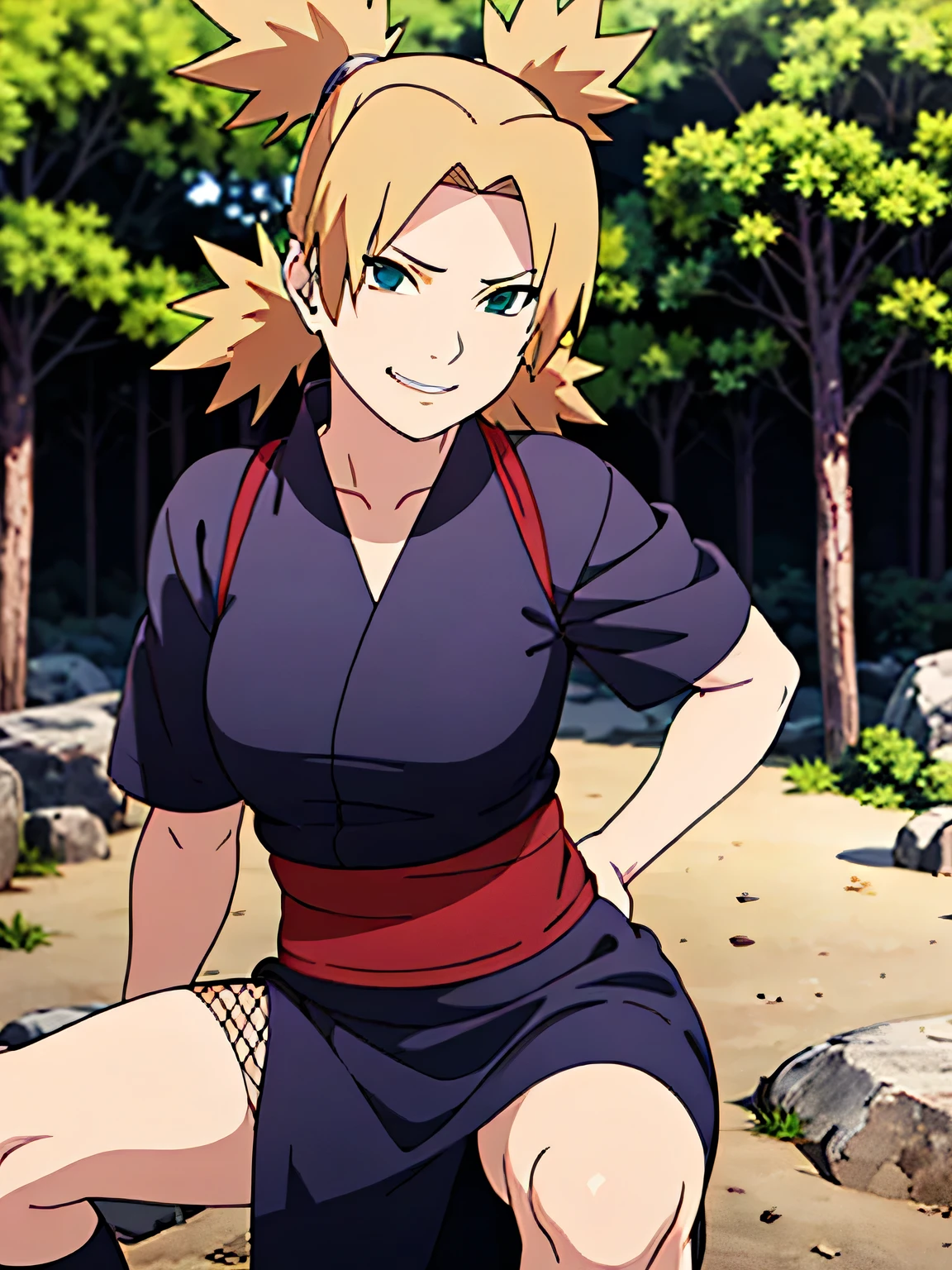 1 woman, ytemari, blonde hair, quad tails, blue eyes, fishnet,((black clothes,black yukata)), sash, line art, laugh, front view, stand,Adjust the skirt, cool colors, Masterpiece, best quality, high definition,Facing straight ,spread your legs,In the forest,smile,Look with arrogant eyes,moderate ,Beautiful ,Grab the shirt,walk,In the village