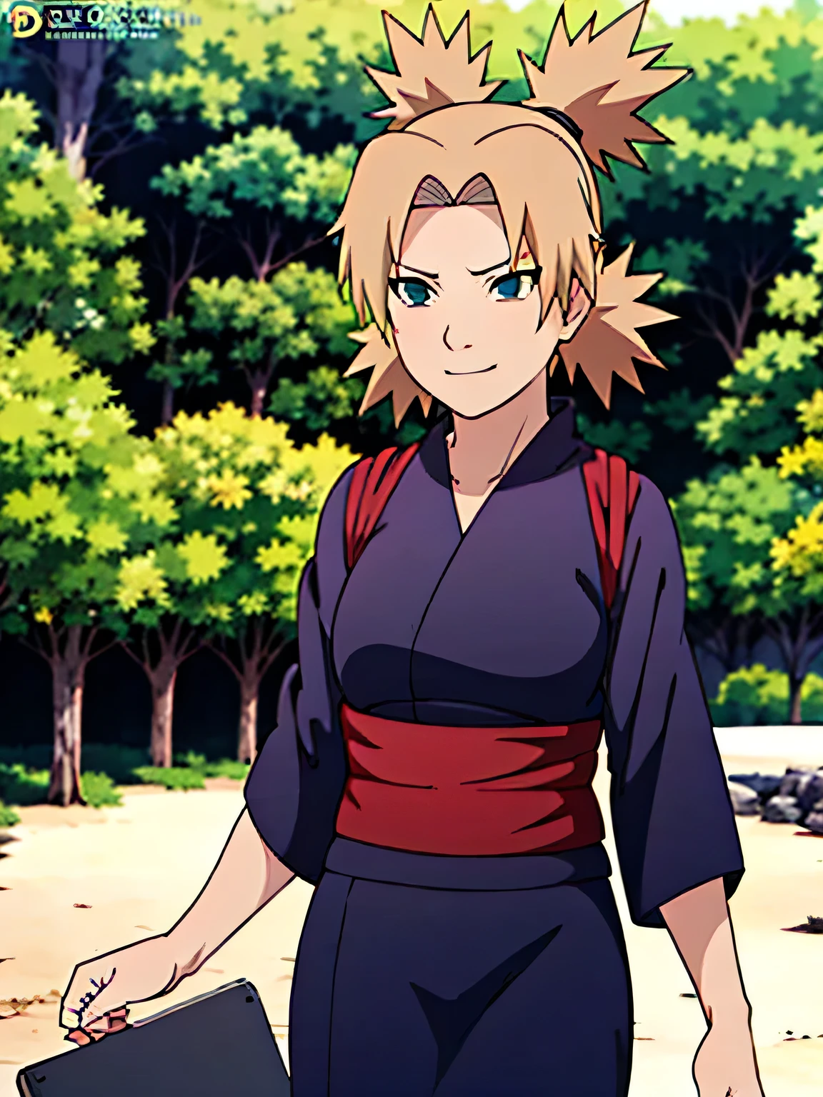 1 woman, ytemari, blonde hair, quad tails, blue eyes, fishnet,((black clothes,black yukata)), sash, line art, laugh, front view, stand,Adjust the skirt, cool colors, Masterpiece, best quality, high definition,Facing straight ,spread your legs,In the forest,smile,Look with arrogant eyes,moderate ,Beautiful ,Grab the shirt,walk,In the village