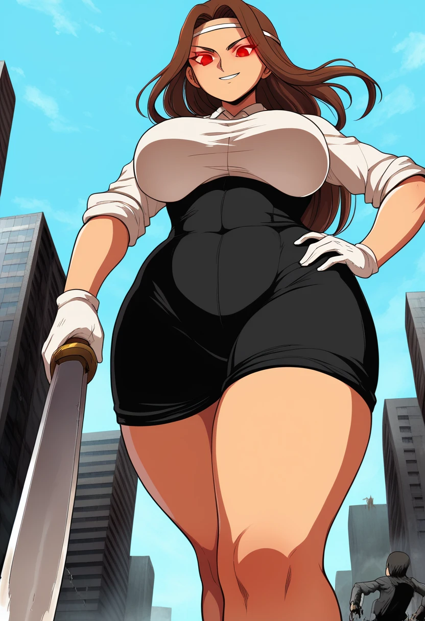 ultra-detailed, detailed face, detailed eyes, retro anime style, cartoon style, front view, from bottom, low angle, powerful shot, powerful effects, dynamic effects, dynamic shot, 

athletic curvy physique, inverted body type, attractive feminine curves, big breasts, curvy legs and arms, feminine curvy figure, (thick thighs, thick calves, thick voluptuous legs, big curvy hip, bare knees), ((style of plump voluptuous body)), plump thighs, plump calves, 

white gloves, gloves, bodysuit, dark emperors, boots,brown long hair, red glowing eyes, 
1 beautiful giant boy who is a brilliant knight, looking down with gallant smile, (elegantly walking on road between buildings, chasing small people around his steps, looking down people around his foot, put hand on hip, holding long sword in another hand, crossed legs, size difference), rampage, corrupted city, destroyed buildings, corrupted buildings, scattered rubble around his feet, cracks on the road she walked along, trampling tiny human with his foot, trampled human, dusts rolled up every she steps, overwhelming, terrible, 

building size, nathan,1boy, kurosaki makoto, long hair, red eyes, brown hair, headband, 