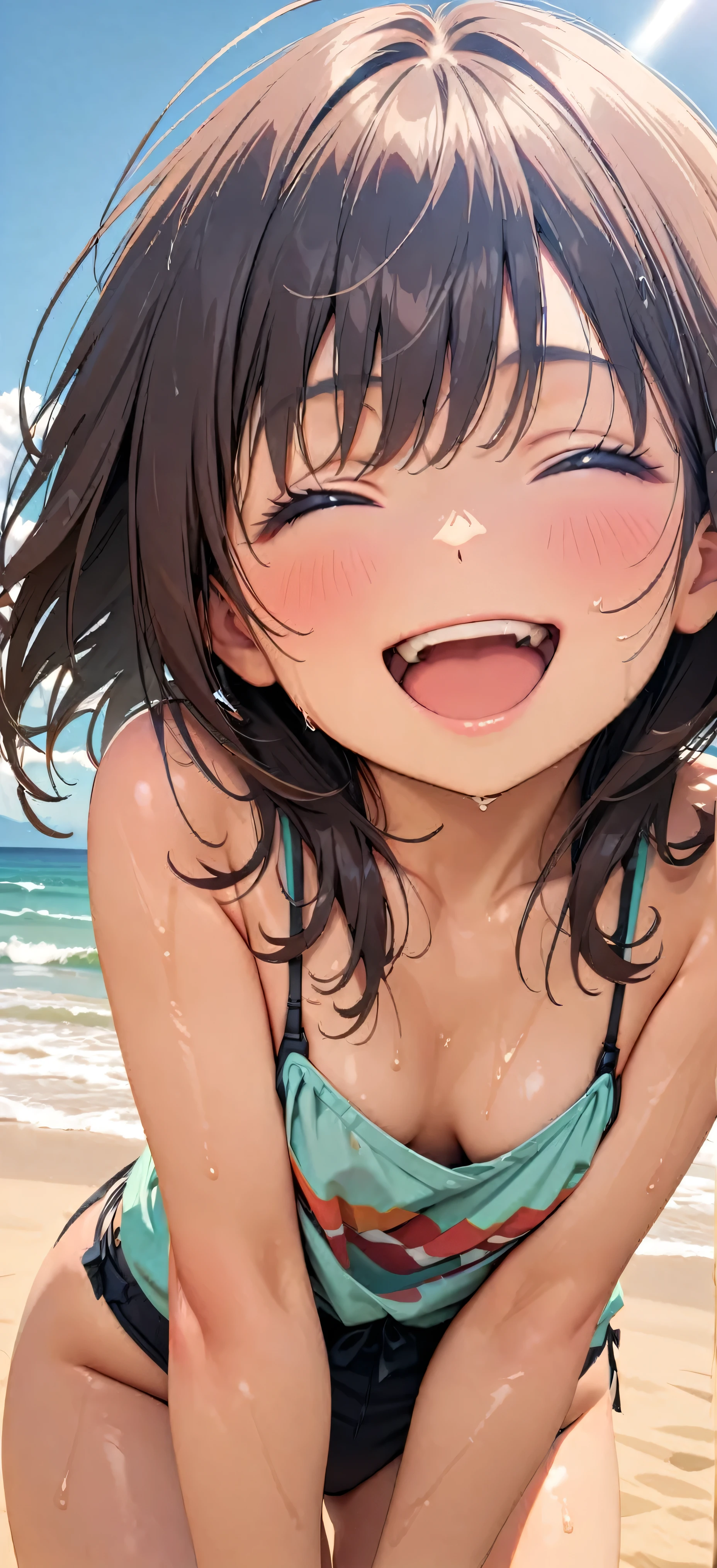 (Highest quality:1.2, Very detailed, Latest, Vibrant, masterpiece:1.2, Highest quality, Best aesthetics), smile, ((Bust up shot:1.4)), 1980s style, 8K Ultra HD, Background Blur, smile, One Woman, Woman in bikini, Strong sunlight, Seaside, sunny, Summer sunshine, Wet Skin, Flat chest, Sandy Beach, low length, Dynamic Angle, very young, Get excited, Low - Angle