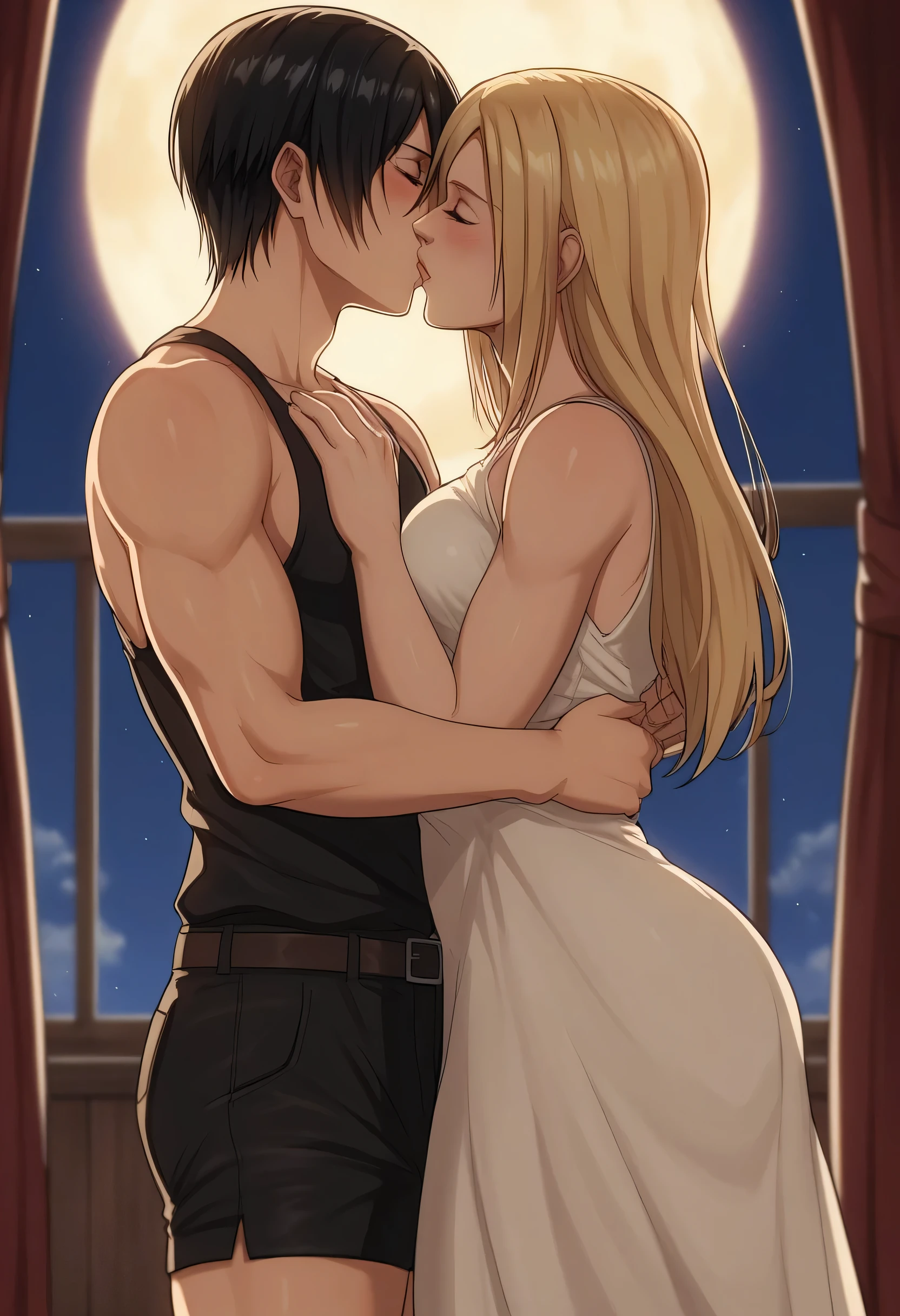 score_9, score_8_up, score_7_up, BREAK source_anime, historia reiss, blue eyes, blonde hair, long hair, medium breasts, long white dress sleeveless,female black hair soldier kissing ing historia,Mikasa with historia kissing historia neck,mikasa wreanig black tank top and black combat shorts,Mikasa female with short hair,mikasa female medium breasts,eyes closed,in night,moon in sky,mikasa final season,mikasa taller than historia,Mikasa kissing historia mouth,lust theme, mikasa hold up historia,historia blonde hair 