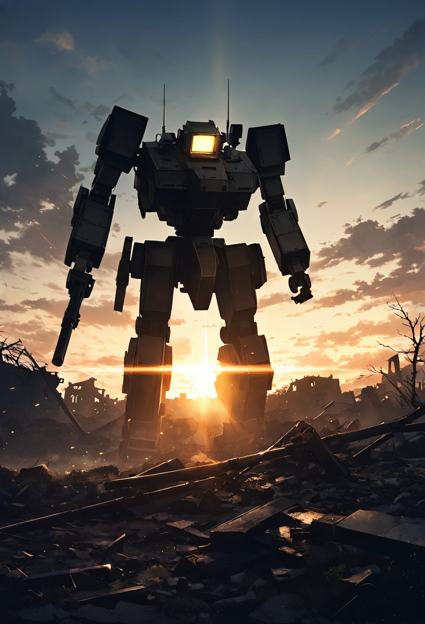 Battlefieldの後に残され1機佇むボロボロのロボット、Backlight、evening、Nostalgic、ruins、Battlefield、Fleeting respite