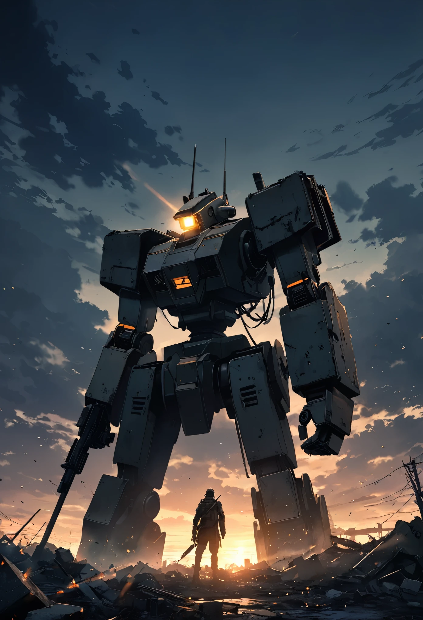 A battered robot standing alone after a battlefield、Silent Robot、Backlight、evening、Nostalgic、ruins、Battlefield、Fleeting respite