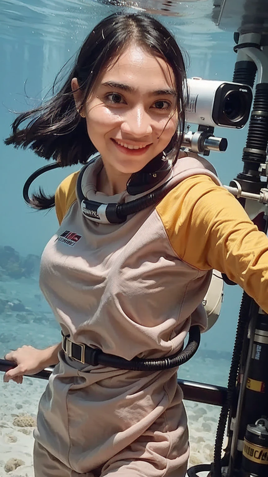 Generate a high-resolution, natural-looking image of a female diver, showing only the upper half of her body. She is wearing a complete diving suit and carrying a diving tank. The image should be taken with a professional camera and lens, featuring a smooth bokeh effect in the background for an artistic blur. Focus sharply on her face, including her hairstyle and any distinguishing features. Include details of the underwater environment or a dive boat in the background, with subtle hints of marine life or diving equipment to enhance realism. Ensure the lighting and expressions are authentic, capturing the vibrant energy of an underwater setting