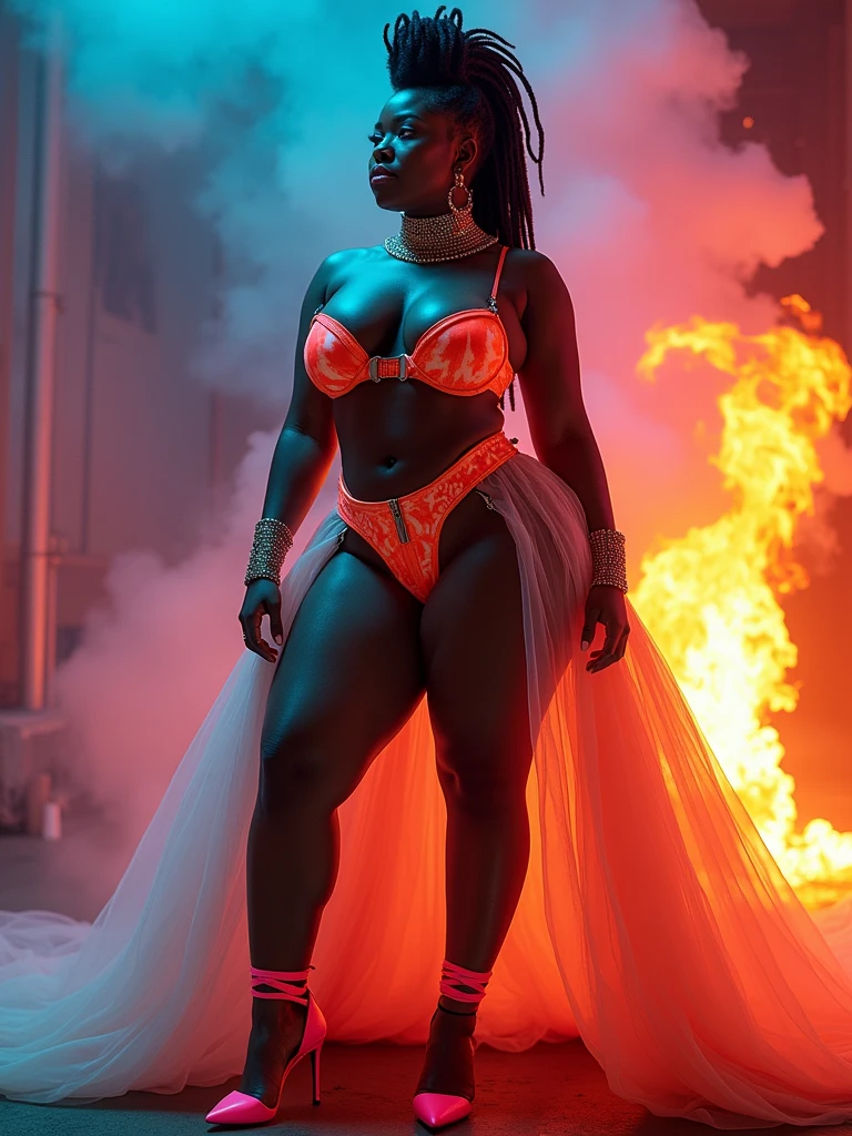 action shot fire queen jamaican female she is buring warpped in flames buring strands of hair braids as she badass swagger as she nonchalant flex her sunglasses DealWithIt