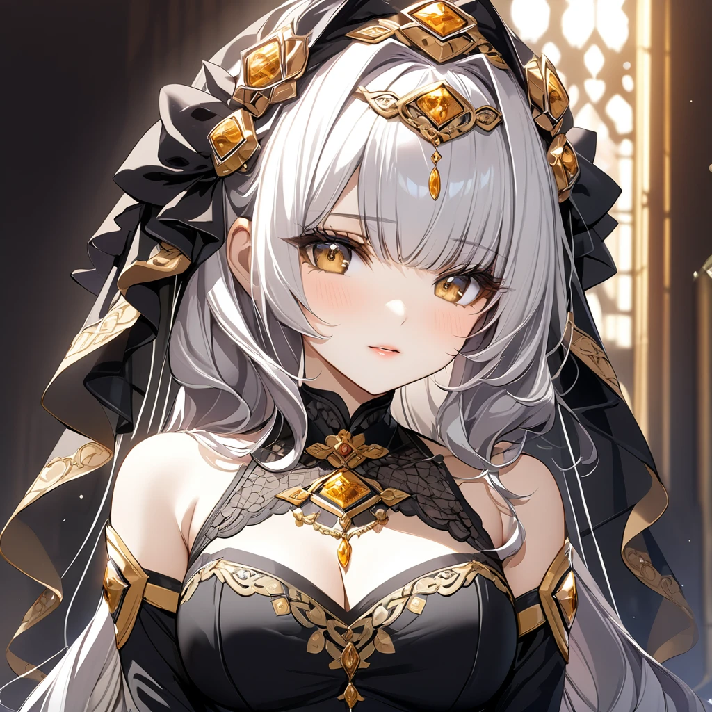 ((Highest quality)), ((masterpiece)), (detailed), （Perfect Face）、The woman has silver hair in Extia Magica、The woman is wearing a black wedding dress with gorgeous gold embroidery and trim, and a black wedding veil.