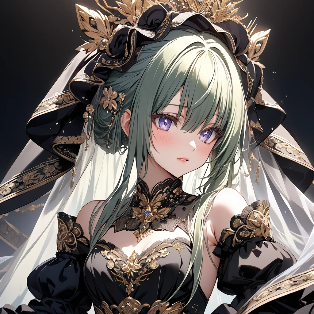 ((Highest quality)), ((masterpiece)), (detailed), （Perfect Face）、The woman is Extia Flora、The woman is wearing a black wedding dress with gorgeous gold embroidery and trim, and a black wedding veil.