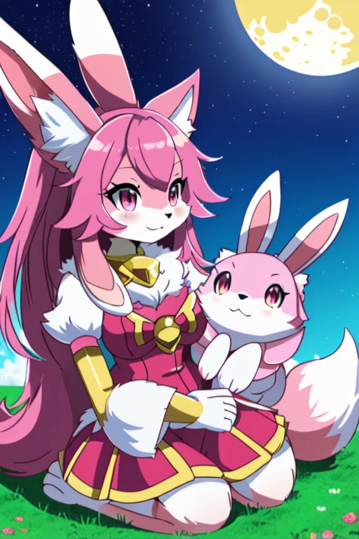 there is a woman dressed as a bunny and a dog, seraphine ahri kda, annie from league of legends, ahri from league of legends, cute fumo plush bunny girl, ultrarealistic sweet bunny girl, furry character, from league of legends, furry anime, the bunny has pink fur, cute fumo plush fox girl, very very beautiful furry art sara pokemon sun and moon fursuit medabots style