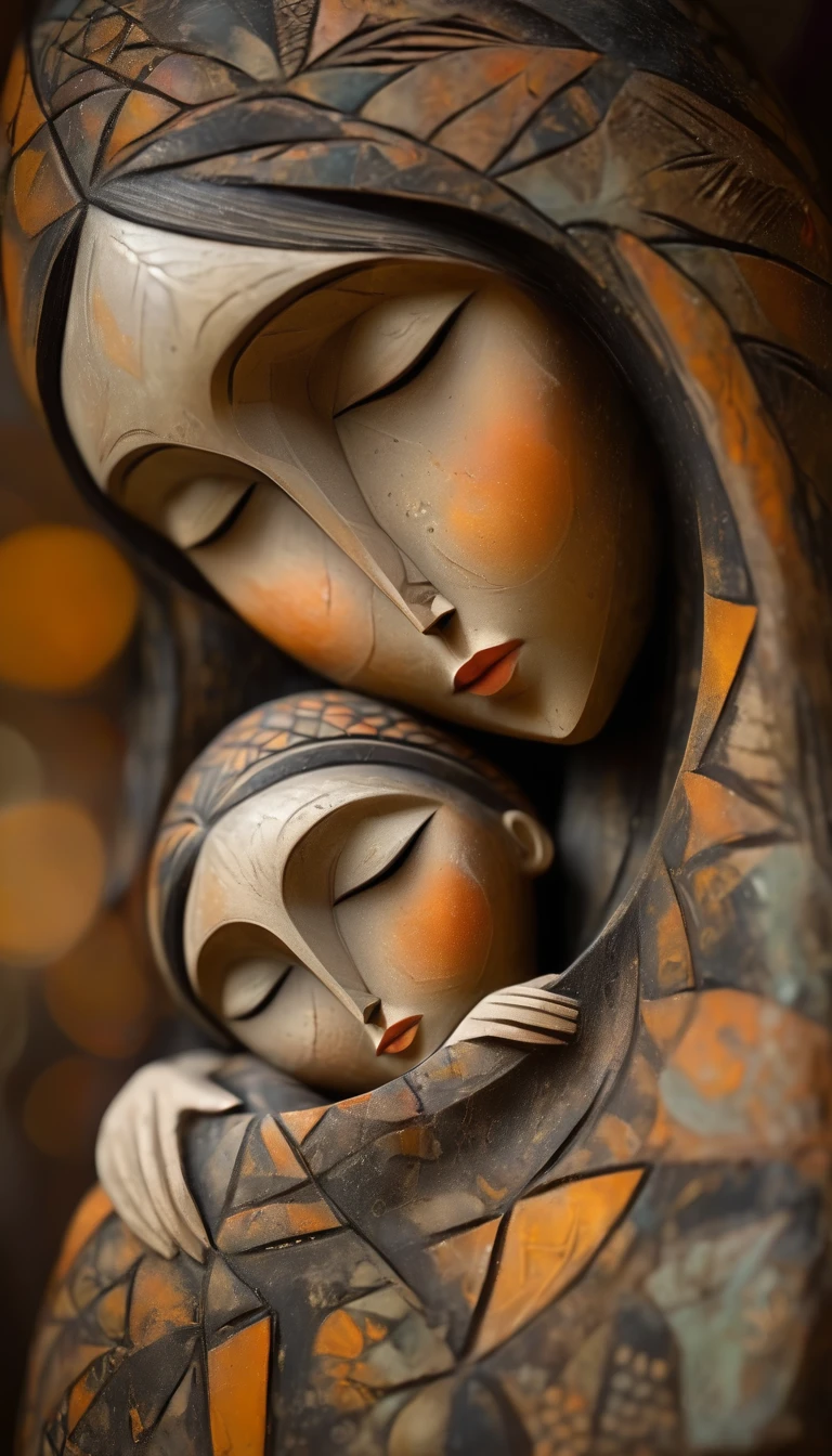 (masterpiece, best quality:1.2), Artistic ornaments，Madonna and Child，Kind face, Painted in earthy tones，color，With subtle patterns and textures，Invoking Ancient Wisdom. Focus on the face，With depth of field and bokeh effects. This is a high resolution image，Complex details，The background is dark，Soft lighting, style of. 
