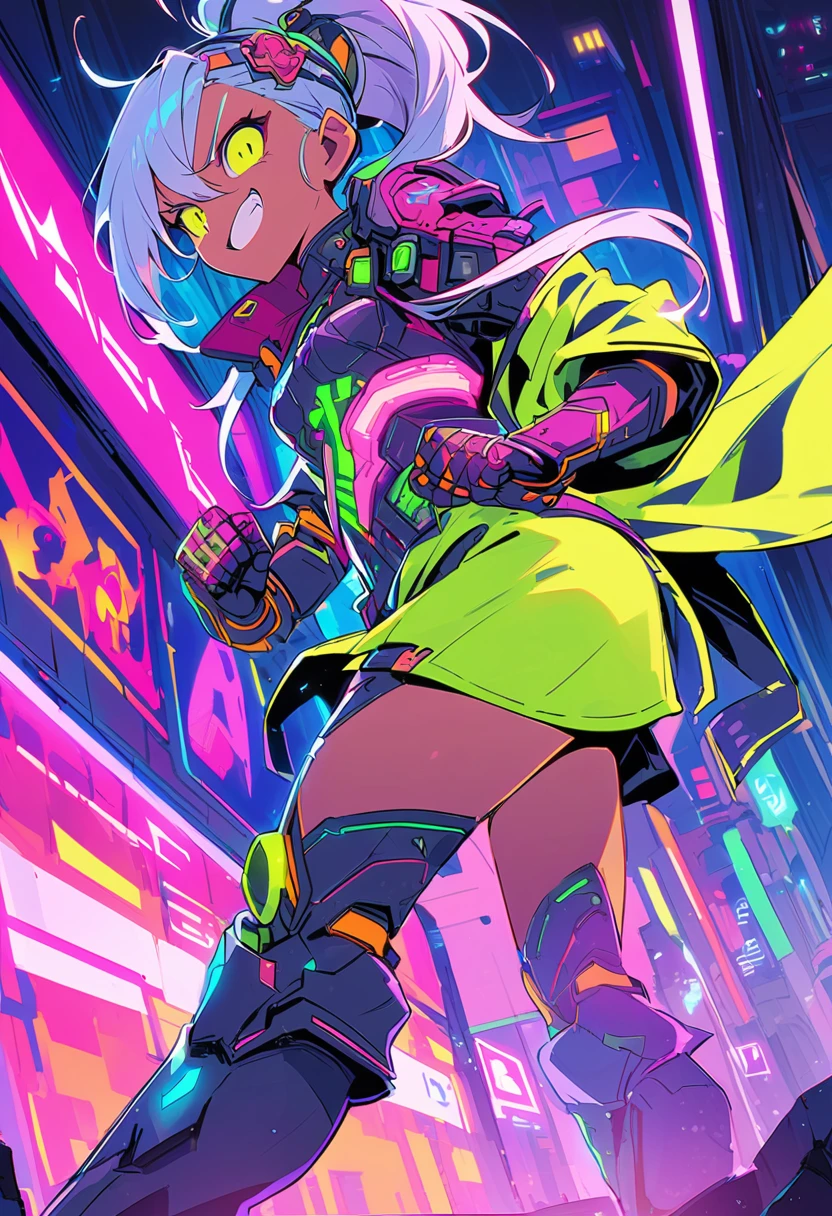 (masterpiece, best quality:1.1), (ultra highres, ultra-detailed:1.2) ,one girl,tween,cute, (white frog headband,tanned dark skin,big headgear,lightgreen hair,side bangs,white sleeveless nurse one piece,white frog gloves,mini skirt,white platform boots,small breast),(has a large syringe),mysterious research facility,(fullbody),smile,detailed face,beautiful lighting, volumetric lighting, dynamic angle,(glitter:1.3) ,popart style,