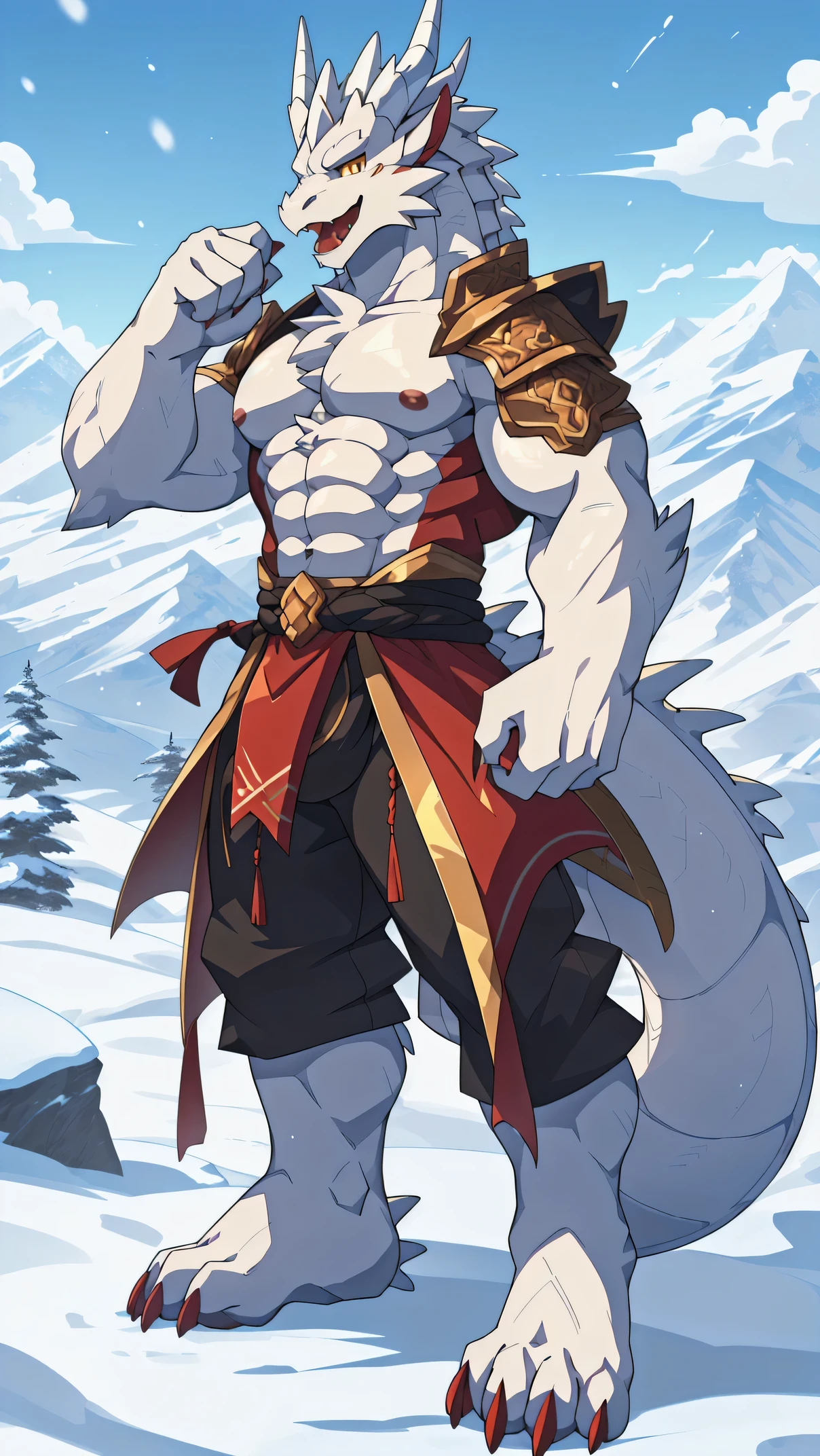 (((Facing the camera，Snow mountain background，Anime style)))，high resolution，4K，masterpiece，high quality，20 years old，((White Dragon))，male，((Mature:1.3，Open your mouth and growl:1.2))，((Moderate:1.2))，((Strong body:1.4，Thin waist:1.2，Stand on tiptoe:1.3，Long legs:1.2，Small ears:1.3，Thick dragon tail))，((Wet white underpants:1.4，Vague genitalia，Obvious outline of vaginal genitalia:1.3))，(((White head:1.2，And white gradient dragon horns:1.3，Golden eyebrows:1.2，Golden Eyes:1.3，Red mouth，Red tongue，White Chin:1.2，White Neck:1.2，White chest:1.2，Red nipples:1.1，White abs:1.2，White limbs:1.4，Whitefoot:1.3，bare-handed:1.3，White dragon scales，Golden nails)))，Exquisite eyes:1.4，Fine details，Detailed body，（Detailed hand details:1.4）