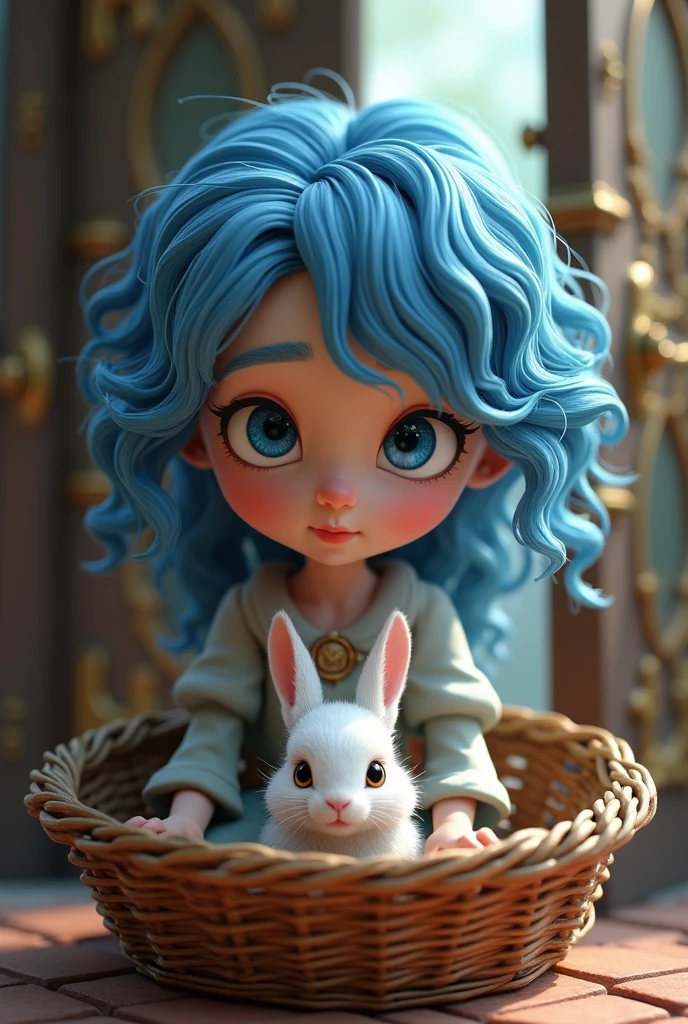 Very baby blue hatand  blue curly hair girl
With a very smiling and happy lip
With an old basket with a white rabbit in it
With a white princess dress and
A pearl necklace with a red rose
inside the bed
3D style 