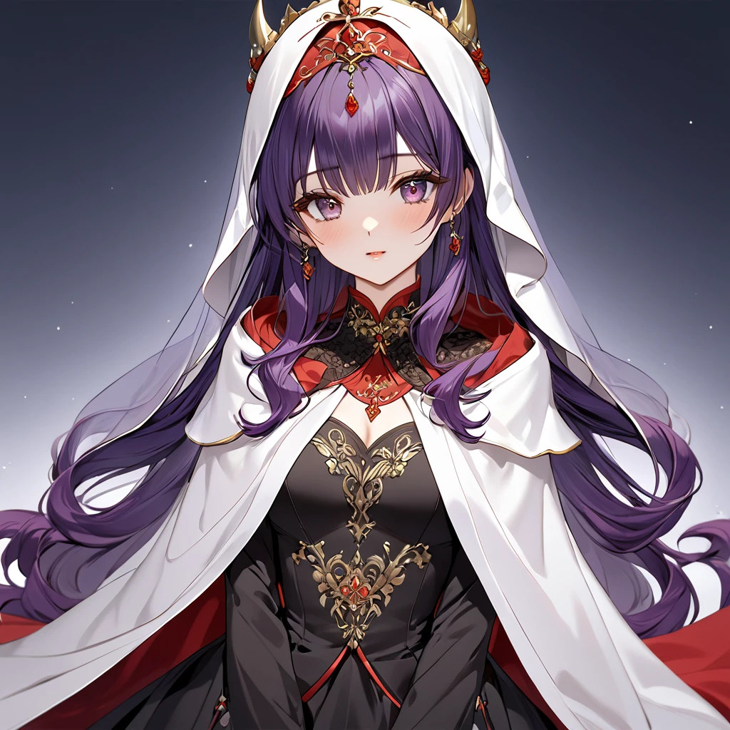 ((Highest quality)), ((masterpiece)), (detailed), （Perfect Face）、The woman is the princess of Moonbrooke, with purple hair and a white robe and red hooded cloak.、She is a demon priestess、The woman is wearing a black wedding dress with gorgeous gold embroidery and trim, and a black wedding veil.