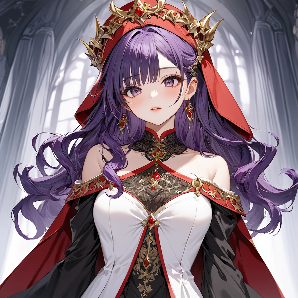 ((Highest quality)), ((masterpiece)), (detailed), （Perfect Face）、The woman is the princess of Moonbrooke, with purple hair and a white robe and red hooded cloak.、She is a demon priestess、The woman is wearing a black wedding dress with gorgeous gold embroidery and trim, and a black wedding veil.