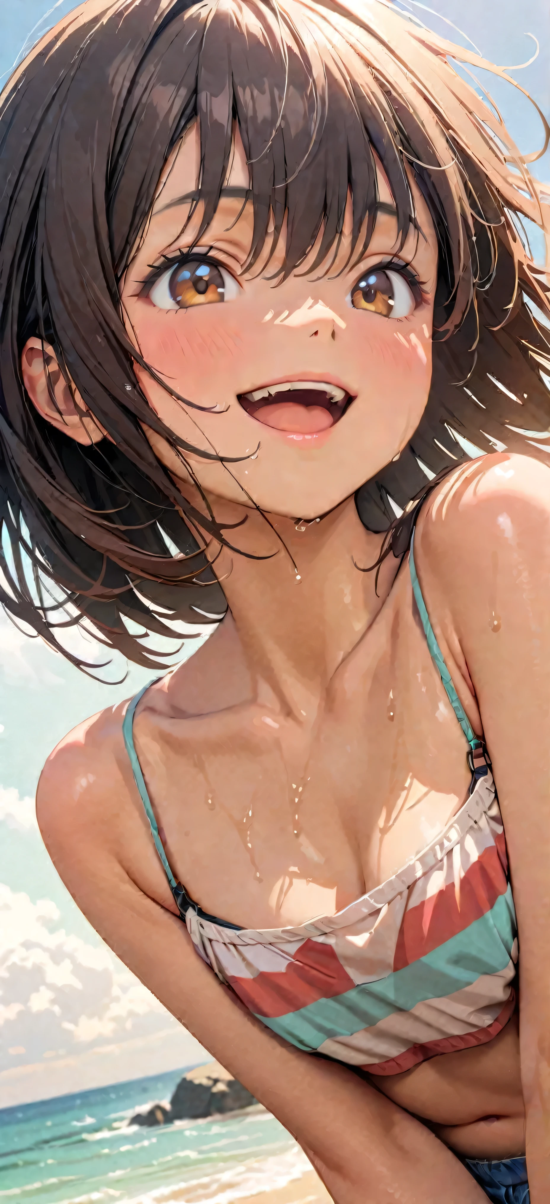 (Highest quality:1.2, Very detailed, Latest, Vibrant, masterpiece:1.2, Highest quality, Best aesthetics), smile, ((Bust Shot:1.4)), 1980s style, 8K Ultra HD, Background Blur, smile, One Woman, Woman in bikini, Strong sunlight, Seaside, sunny, Summer sunshine, Wet Skin, Flat chest, Sandy Beach, low length, Dynamic Angle, very young, Get excited, Low - Angle