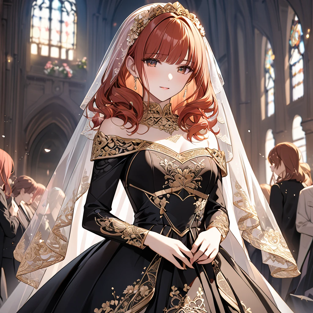 ((Highest quality)), ((masterpiece)), (detailed), （Perfect Face）、The woman is a Celica with red hair.、The woman is wearing a gorgeous wedding dress and a wedding veil.、The woman is wearing a black wedding dress with gorgeous gold embroidery and trim, and a black wedding veil.