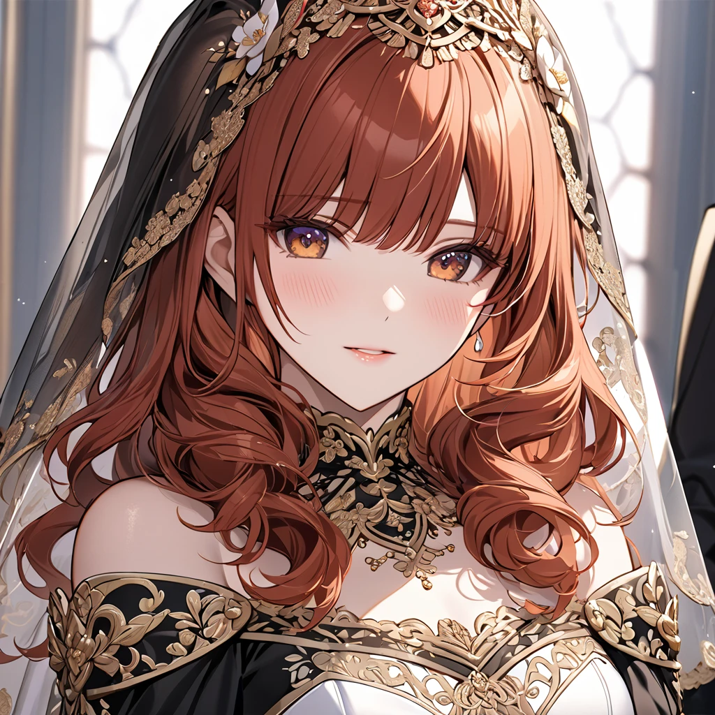 ((Highest quality)), ((masterpiece)), (detailed), （Perfect Face）、The woman is a Celica with red hair.、The woman is wearing a gorgeous wedding dress and a wedding veil.、The woman is wearing a black wedding dress with gorgeous gold embroidery and trim, and a black wedding veil.