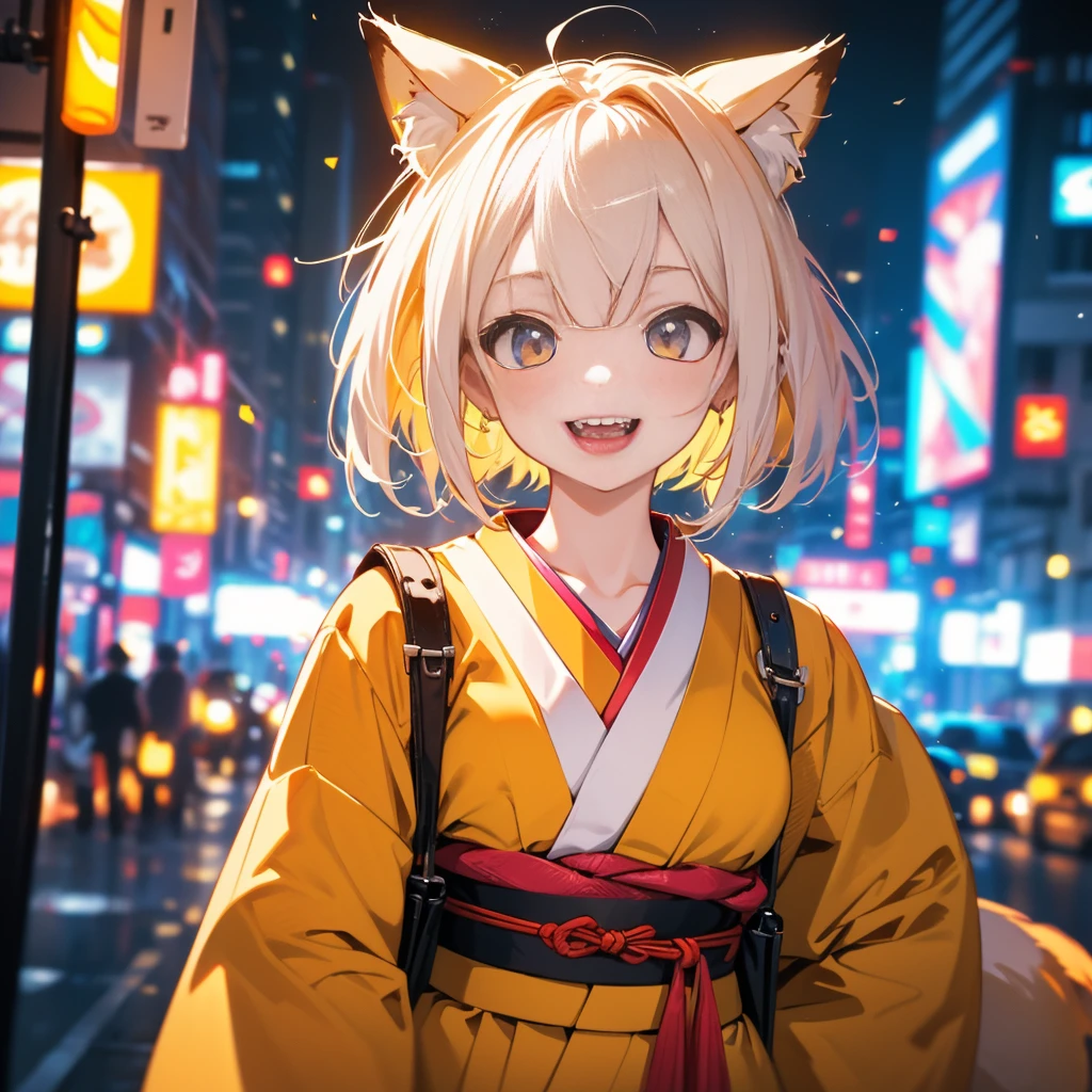 (8k, RAW Photo, Top Quality, Refined Details, Masterpiece: 1.2), (High Resolution 8k Wallpaper), Sharp Focus, Professional Lighting, Depth of Field, Cinematic Lighting, Background Blur, (1Girl:1.5),(A humanoid fox girl),(short hair featuring a yellow and orange gradient), She is wearing a short orange and white gradation dress that is a modern remake of a traditional kimono. She is looking straight into the camera with a bright smile.