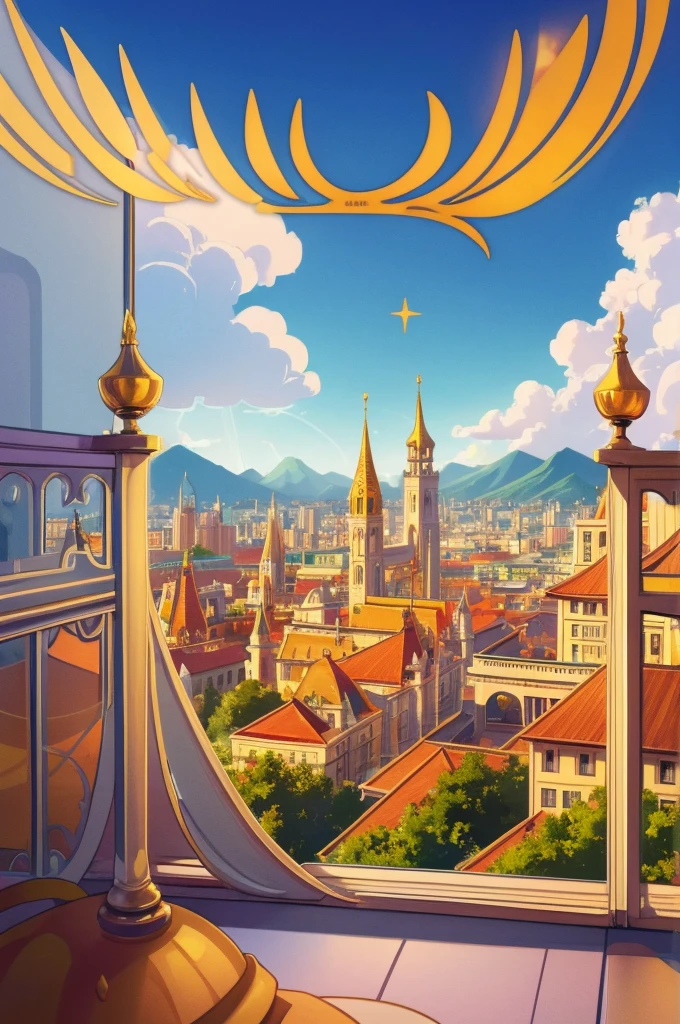 Angelic city, golden sunrise, paradise, city in paradise, paradiseские врата, city in the clouds, фэнтези paradise, no trees, No people, white walls and golden roofs