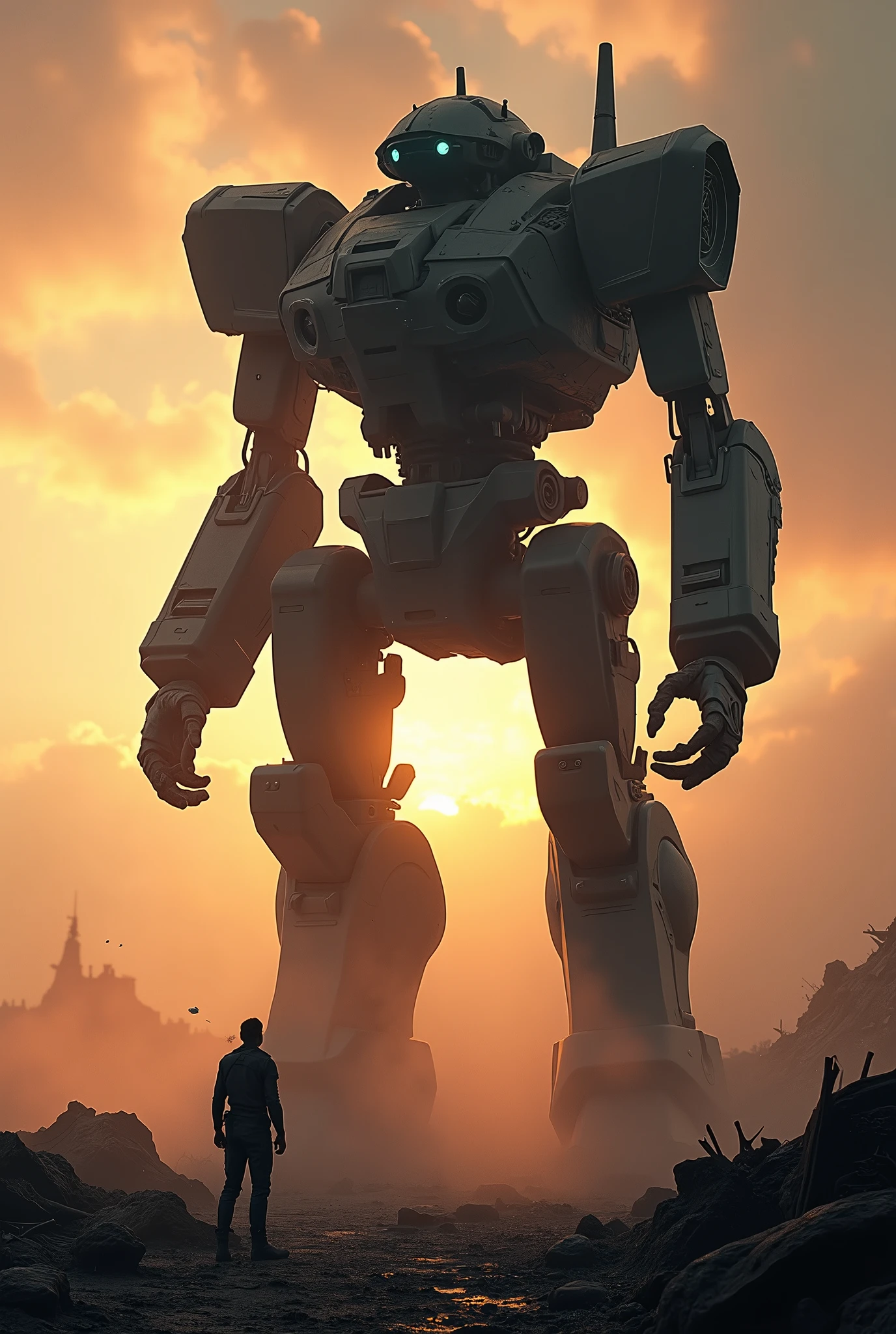 After the fierce battle、壊れたロボット、A collapsed and broken combat robot、The setting sun shines on the robot、Backlight by the setting sun、A soldier looking up at a robot、((silhouette)),Battlefield、Ruins