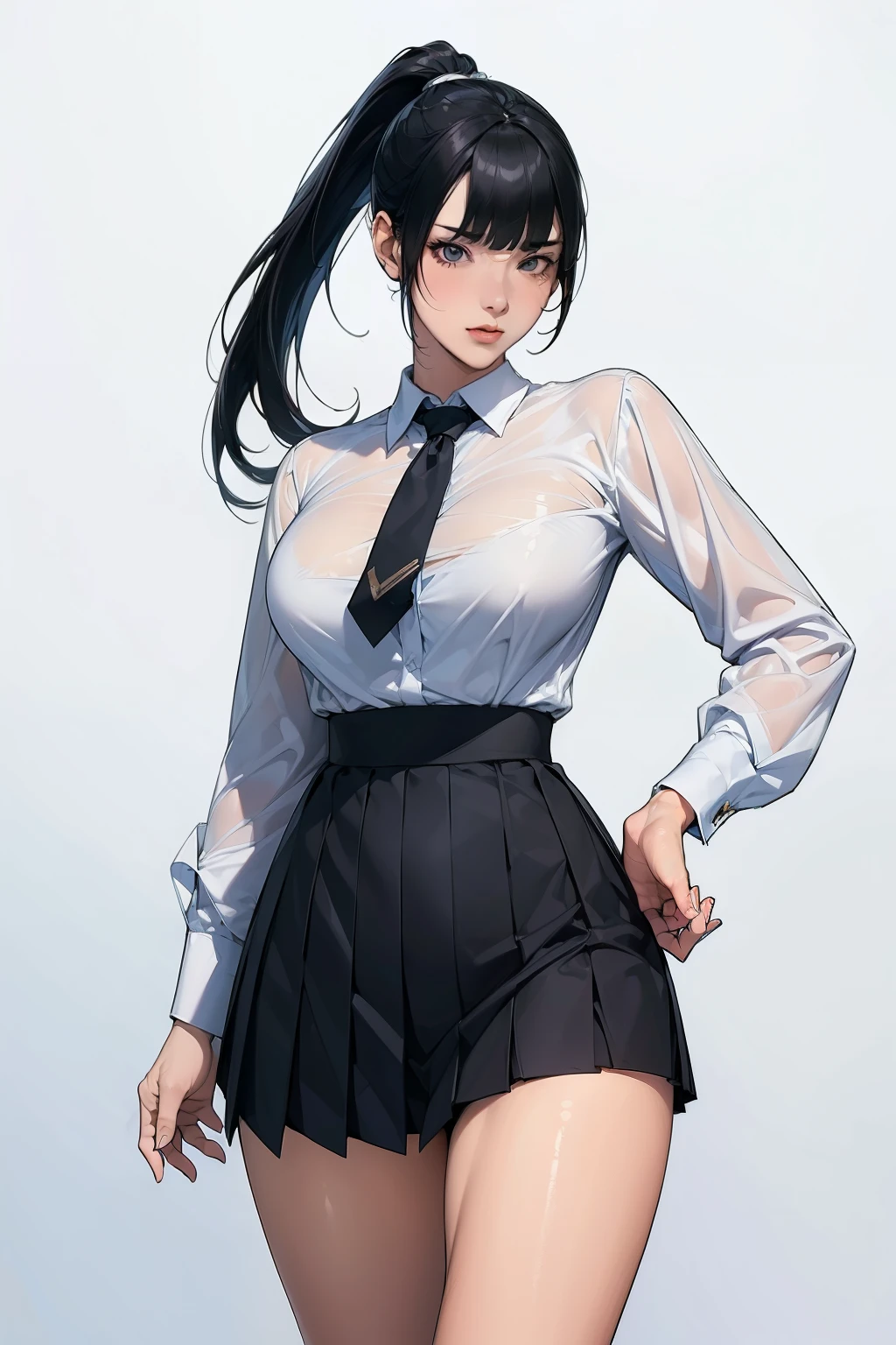 (Character design sheet:1.4), (masterpiece), (Highest quality), One person、whole body, Dancing、Sexy pose、(Perfect Face:1.2), (Beautiful Face:1.2), Black Hair, ponytail、blunt bangs, school uniform,White shirt、tie、 8k, Insane Details, Intricate details, Very detailed, Hyper Quality, High Detail,Black Pleated Skirt High Resolution,High Waist Skirt