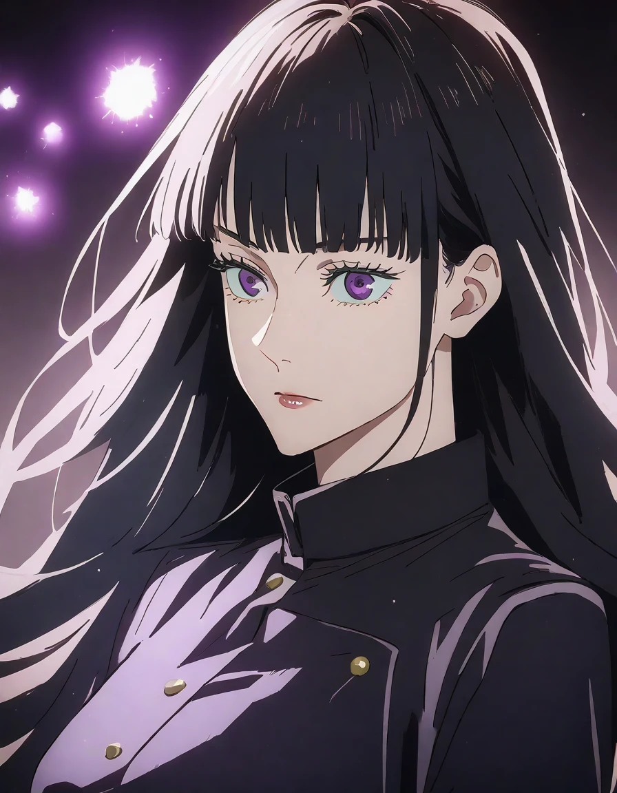 a woman (female) with long black hair with bangs (long hair), purple eyes (purple), beautiful, cute, jujutsu kaisen uniform, artwork, lighting