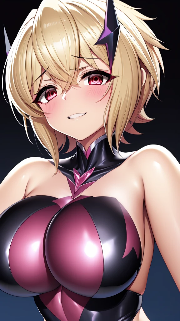 Erotic　Symphogear　Cut songs　Blonde Pixie Cut　Silver latex rubber suit heart bedroom love hotel lamp light dark theme evil fallen temptation excited condescending evil grinning face yandere trance sexy pose upper body emphasis looking up