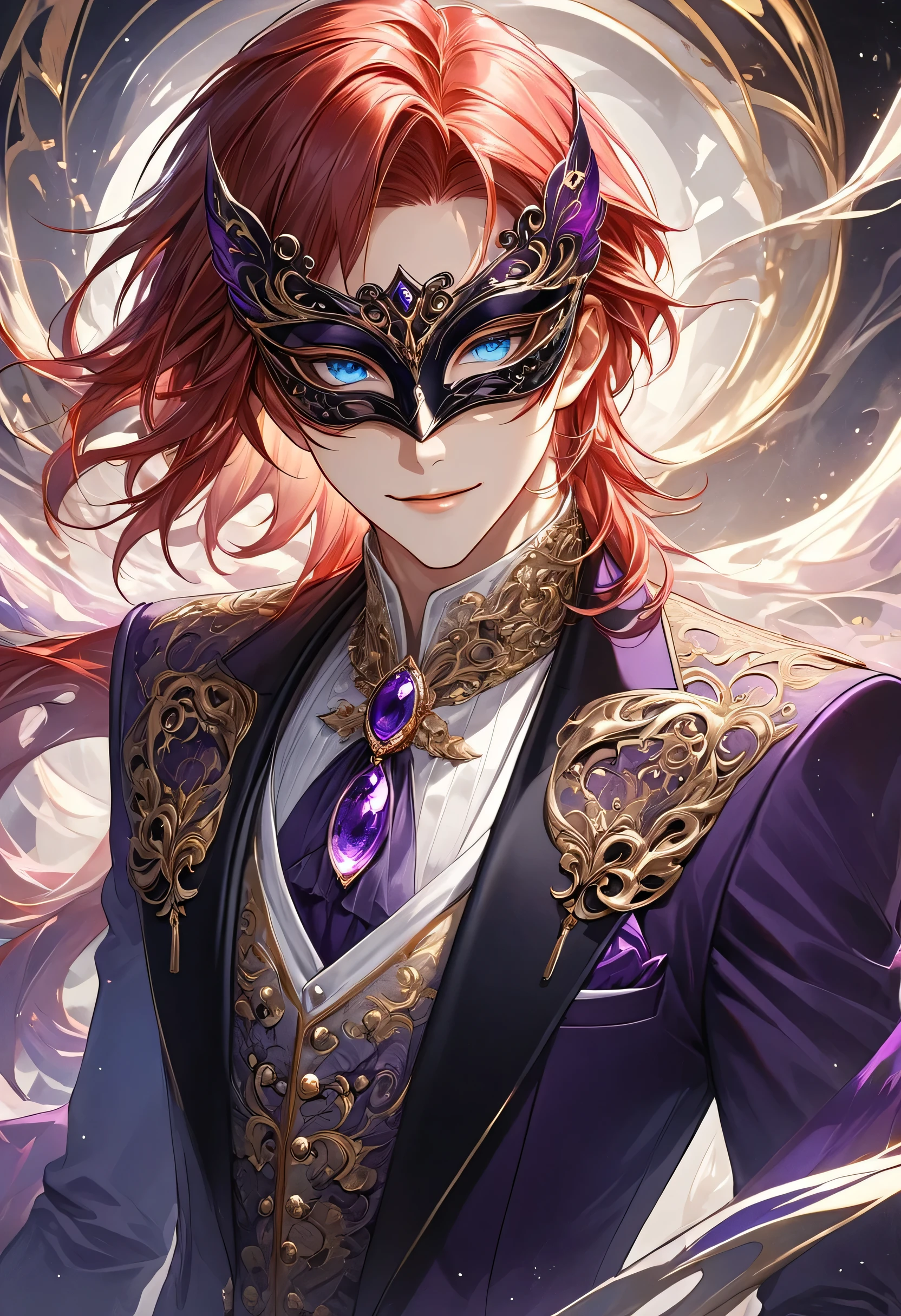 A meticulously crafted anime-style character portrait featuring a young male with a slender build, dressed in an opulent and luxurious deep purple suit. The suit is elegantly tailored with subtle pinstripes and embellished with intricate gold patterns and ornate designs. A finely crafted brooch adorns the lapel, adding a touch of nobility and refinement. His voluminous, wavy red hair cascades gracefully to his shoulders, catching the light in a dynamic flow that breathes life into the image. The character wears a sleek, minimalist black masquerade mask that covers the upper half of his face, leaving only his piercing, luminous blue eyes visible through the mask's eye openings. His gaze, now enhanced by the mask's mysterious allure, is sharply defined, exuding intelligence and an unwavering sense of power, with a Machiavellian glint that suggests he is scheming a sinister plan. His finely chiseled facial features, highlighted by a smooth, pale complexion, create a striking contrast with the rich hues of his attire. A subtle, enigmatic smile plays on his lips, hinting at deep authority and an air of mysterious nobility. The background is an ethereal blend of soft, glowing light and mystical elements, featuring abstract, swirling patterns reminiscent of flowing fabric or energy, adding to the otherworldly atmosphere surrounding the character. The lighting is masterfully controlled, with dramatic contrasts that accentuate the character's striking features and the intricate details of his clothing. The entire image is rendered in an exceptionally polished and realistic anime style, with an emphasis on minute details and a vibrant, harmonious color palette that enhances the overall grandeur of the scene.