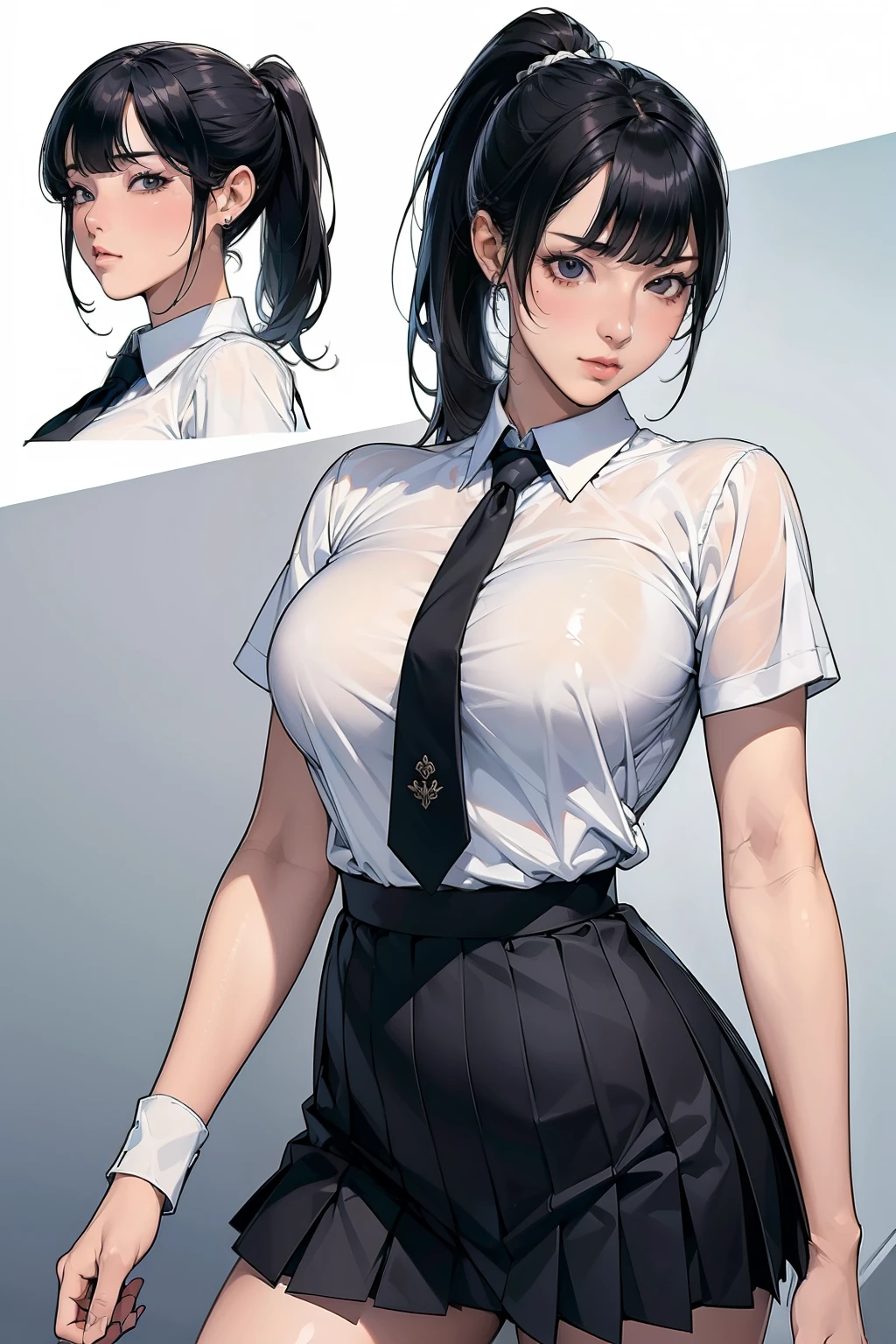 (Character design sheet:1.4), (masterpiece), (Highest quality), One person、whole body, Dancing、Sexy pose、(Perfect Face:1.2), (Beautiful Face:1.2), Black Hair, ponytail、blunt bangs, school uniform,White shirt、tie、 8k, Insane Details, Intricate details, Very detailed, Hyper Quality, High Detail,Black Pleated Skirt High Resolution,High Waist Skirt