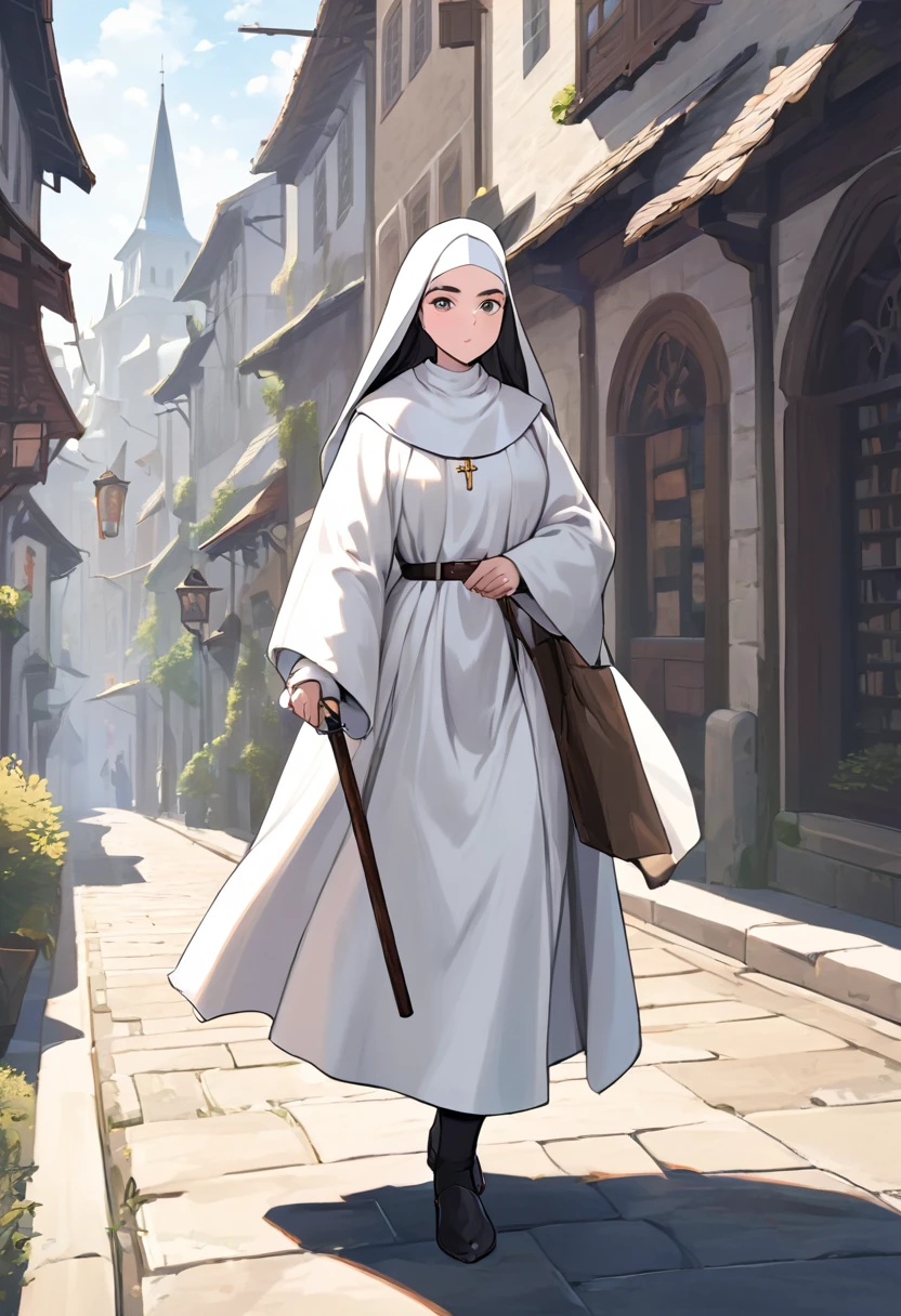 Medieval Europe，During the day，A nun in white monastic robes，Holding a short staff，A book hangs on the belt，Strolling the city streets。Mid-ground composition，Anime style，Game illustration style，Magic style，Suitable for card illustrations。