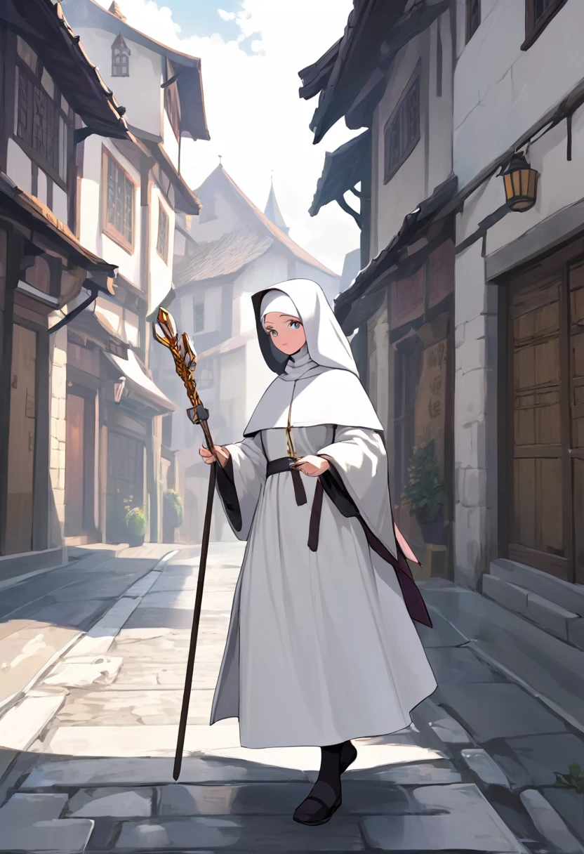 Medieval Europe，During the day，A nun in white monastic robes，Holding a short staff，A book hangs on the belt，Strolling the city streets。Mid-ground composition，Anime style，Game illustration style，Magic style，Suitable for card illustrations。