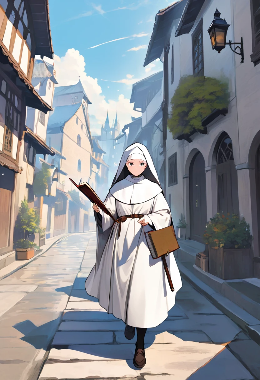 Medieval Europe，During the day，A nun in white monastic robes，Holding a short staff，A book hangs on the belt，Strolling the city streets。Mid-ground composition，Anime style，Game illustration style，Magic style，Suitable for card illustrations。