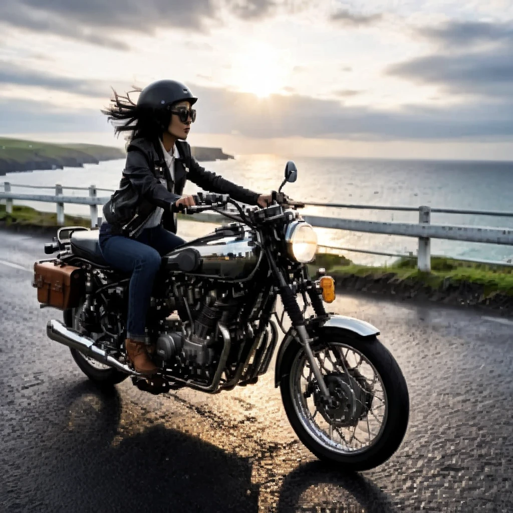 (Backlight:1.4)、(The motorcycle and rider are silhouetted in the setting sun.:1.4)、(The sun sets:1.2)、(Ride a classic motorcycle:1.2 )、(Vintage Bikes、Bluff Superior SS100)、Beautiful young Japanese woman、Beautiful Face, Black Hair, Short Bob Hair, Red classic leather jacket、sunglasses、(Accurate motorcycle shape)、(Photograph the entire motorcycle:1.2)、 BREAK Coastal road with ocean view、After the Rain、British coastal scenery、Blur the background、Motion Blur、Realistic、High Contrast、(Highest quality, masterpiece, High resolution)、8k、wallpaper、