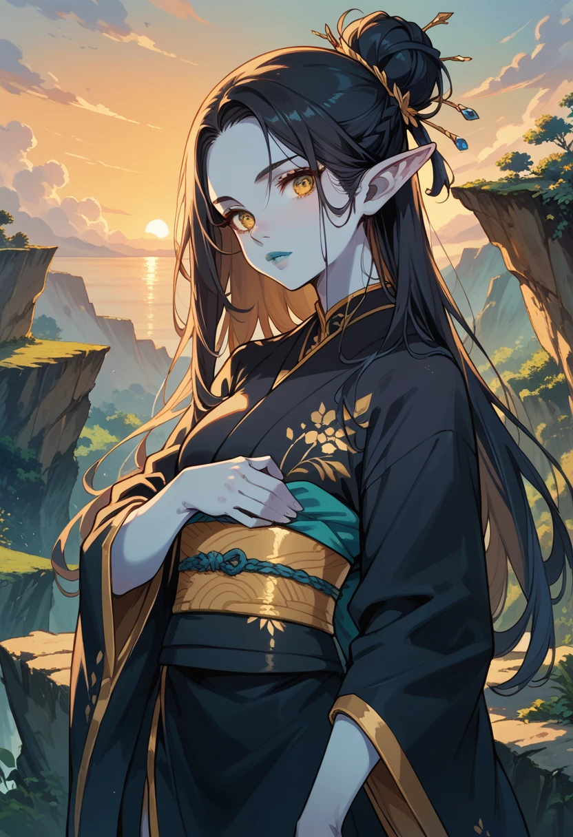 score_9, score_8_up, score_7_up, score_6_up, 1woman, golden eyes, long hair, black hair, hairbun, elf ears, blue skin, black kimono, golden embroidery, obi, blue lipstick, sunset, cliffside, looking at the viewer, female focus, solo, standing