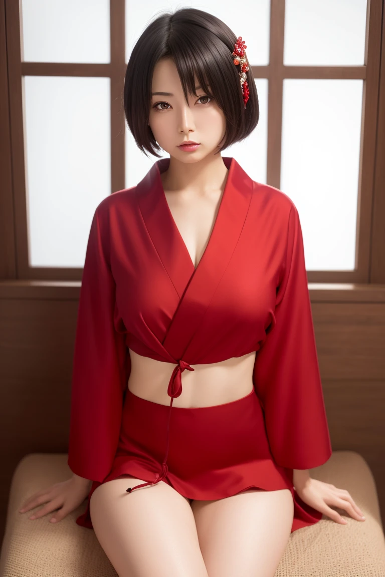 masterpiece, Highest quality, RAW Photos, Very detailed, The finer details, High resolution, 8k wallpaper, Perfect dynamic composition, Well-detailed eyes, Short black hair, Shiny Hair, Natural lips, Thin and large, Small breasts, Clean thighs, Sweating profusely, Red shrine maiden outfit