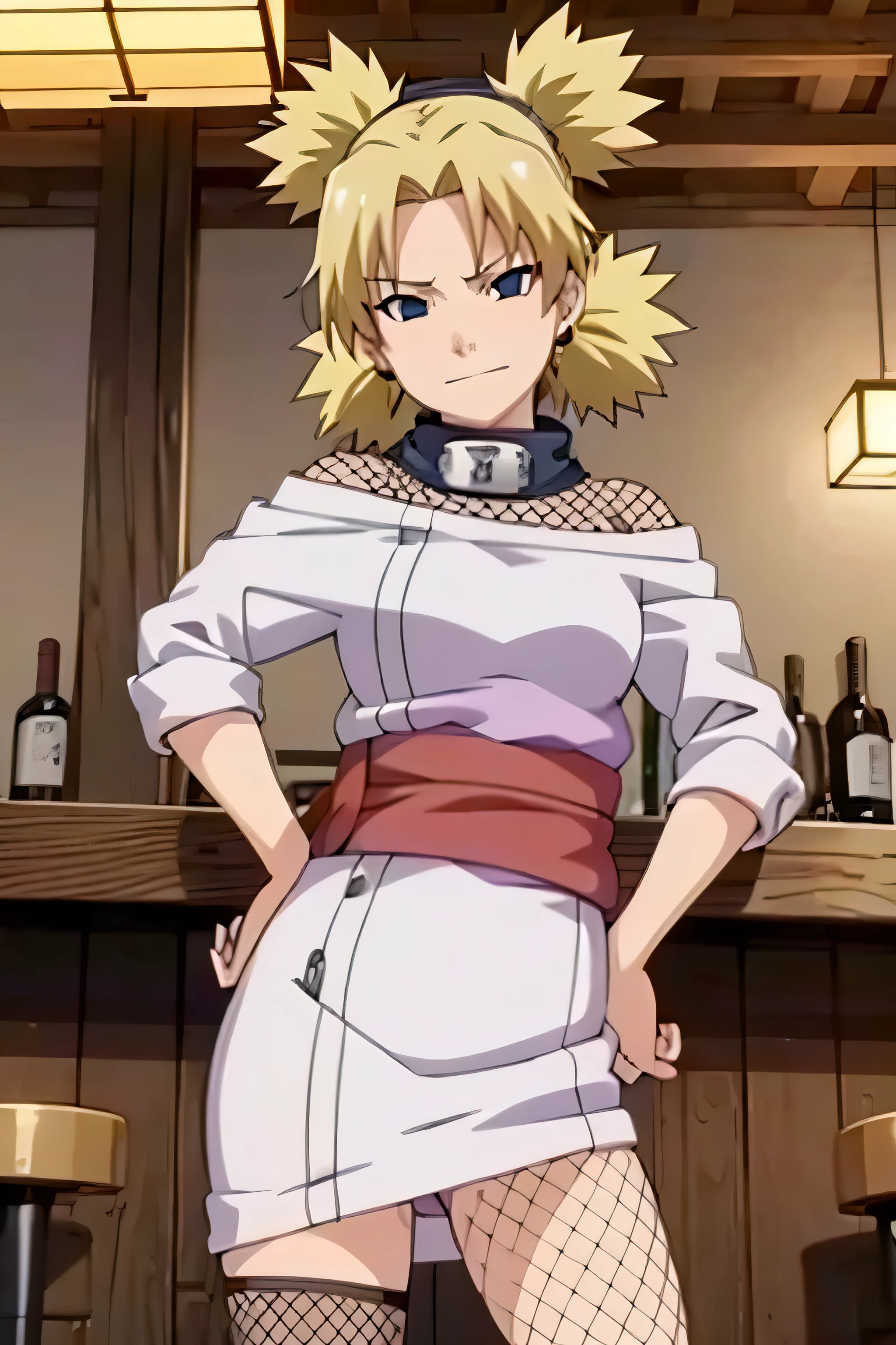 1 girl, ytemari, blonde hair, quad tails, blue eyes, fishnet, Purple clothes, sash, line art, laugh, front view, In a bar in Japan, bright colors, Masterpiece, best quality, high definition, sit, Spread your legs,