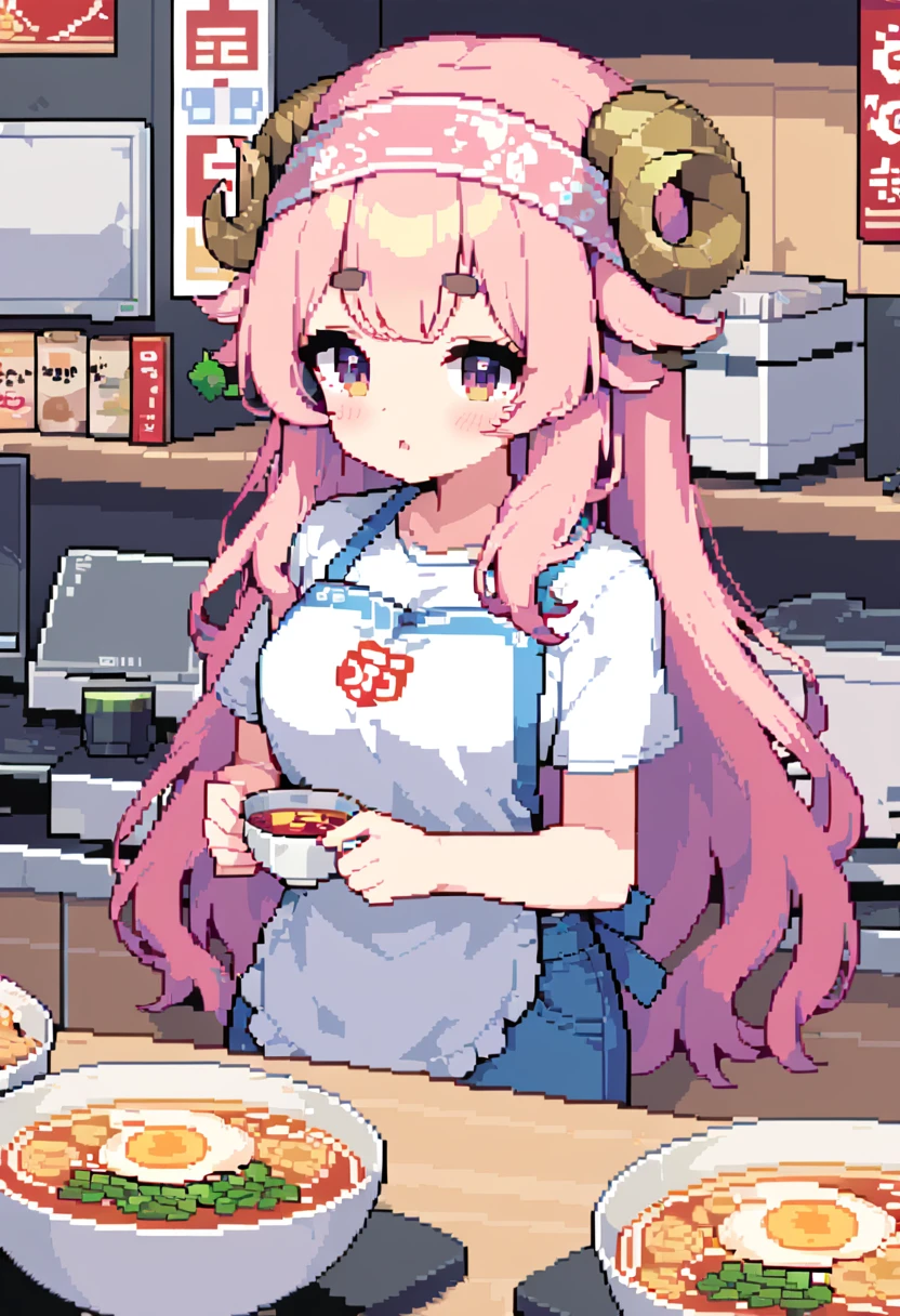 (((Highest quality, 8k, masterpiece: 1.3)), Beautiful pixel art, \One Woman, Pink Hair, Long Hair, Fluffy, fluffy hair, Thick eyebrows, White T-shirt, Blue jeans, apron, Pink bandana on head, Ramen shop, Ramen shopの厨房, 1 mini sheep